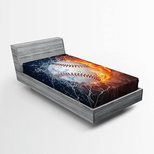 Miniatura 8 de Lunarable Sábana bajera deportiva, pelota de béisbol y salpicaduras de agua, estampado temático de arte creativo, funda de cama con bolsillo Azul