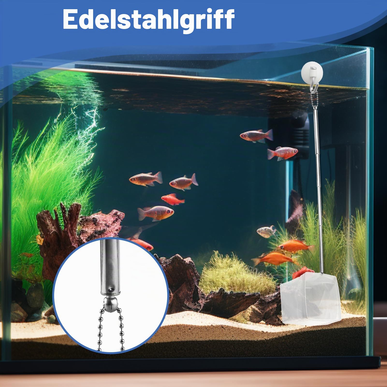 Kescher Aquarium, 2 Stück Aquarium Kescher mit Ausziehbarem Edelstahlgriff Langem Griff Ausziehbar bis zu 40 cm, 8CM Mini Aquarium Netz quadratische Maschen für Aquarien & kleine Teiche