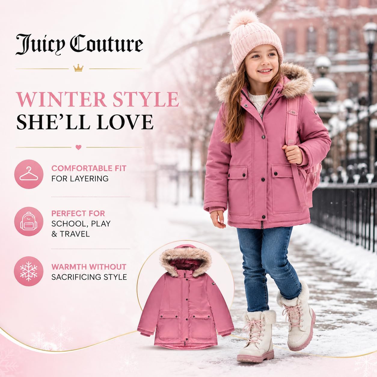 Juicy Couture Girls Heavyweight Winter Jacket with Faux Fur Hood and Cargo Pockets