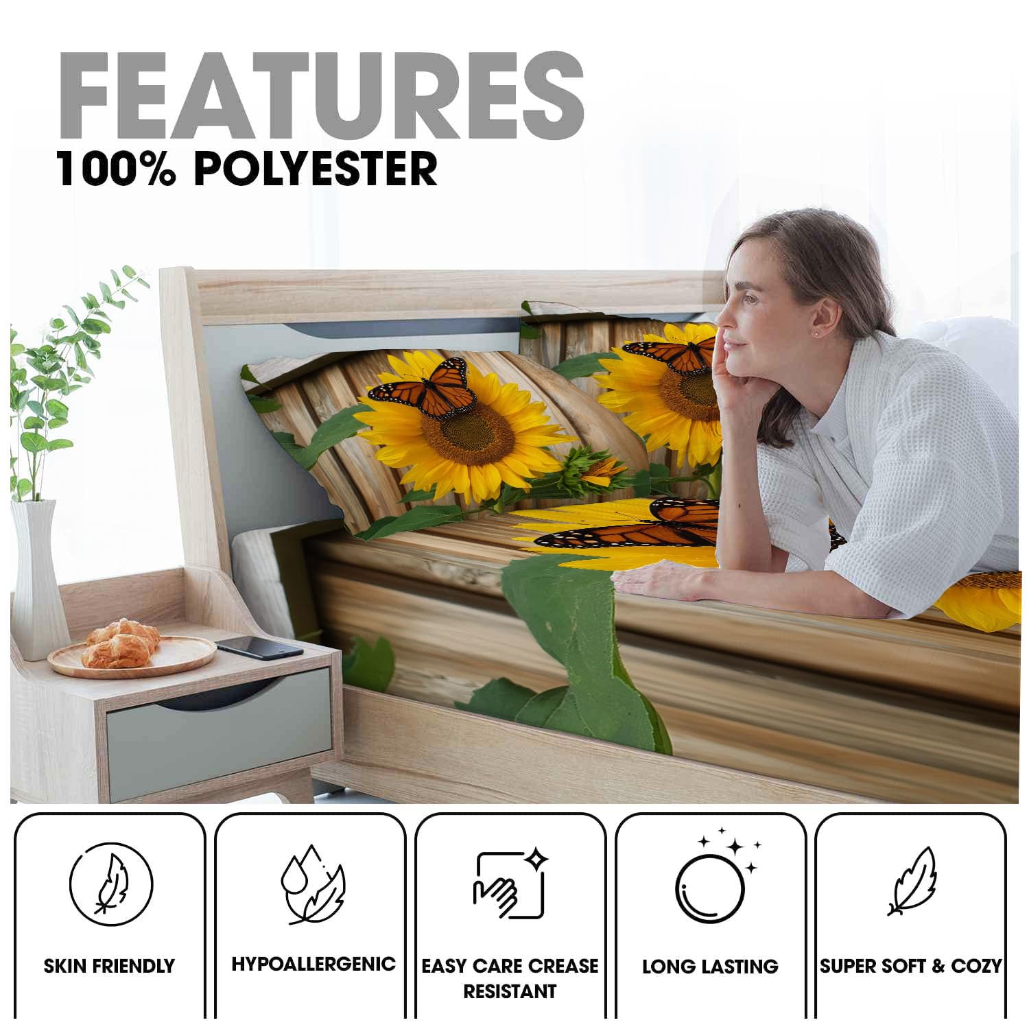 Sábanas 200X190/200Cm - Juego De Sábanas 3 Piezas Estampadas Mariposa Girasol - Microfibra Suave Transpirable - Sábana Bajera Ajustable - Ropa De Cama Plantas Del Campo (Bronceado)