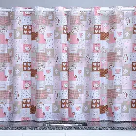 Cortina Cozinha Oxford 2,00x1,40 Estampada Cappuccino Janela Vitrô Ilhós Blackout Blecaute Decorativa Poliéster Varão (Bule Rosa)