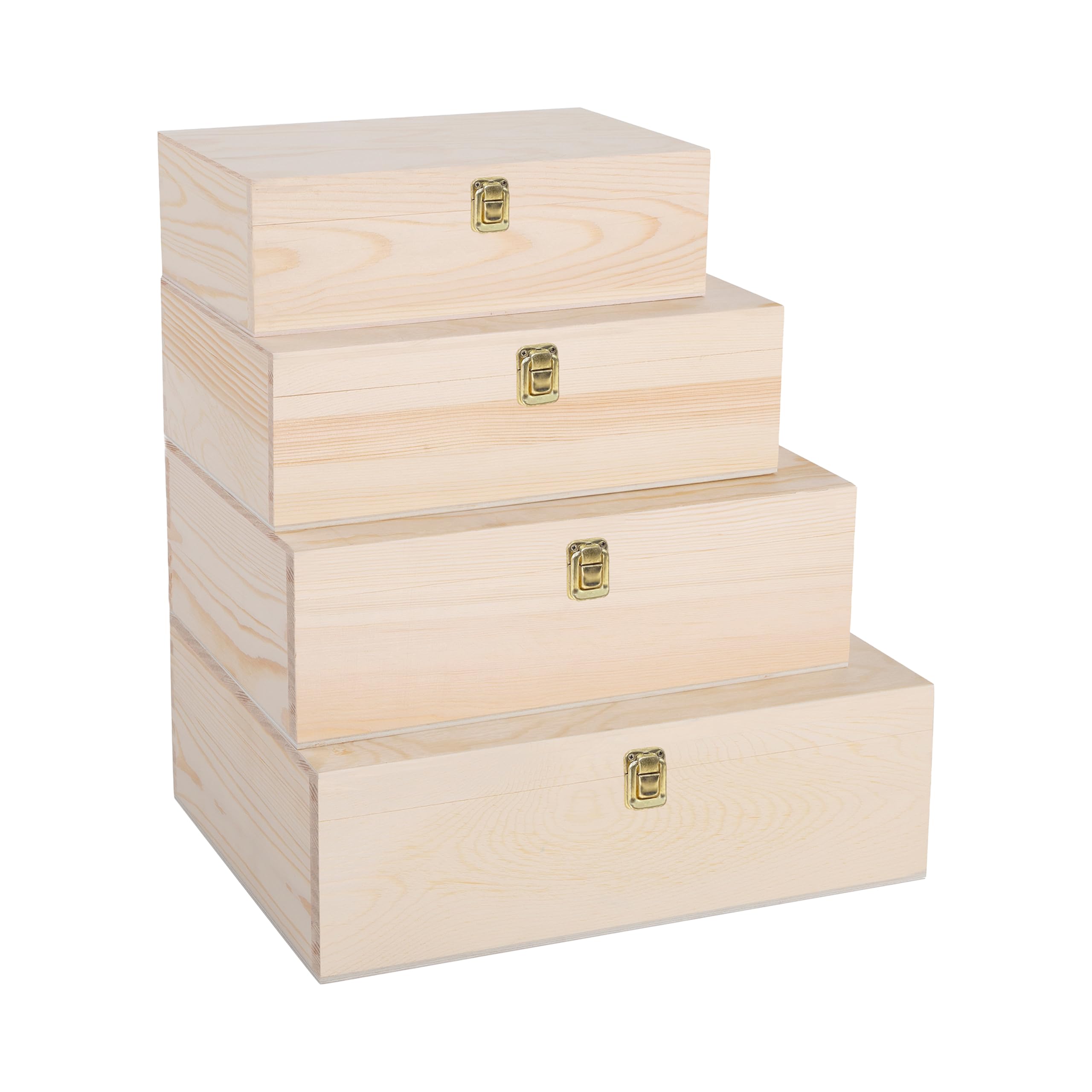 Green Leaves Beige Plain Wooden Storage Box With Hinged Lid Front Clasp Diy Craft Crate Treasure Chest Jewellery Box (Set: Xl+L+M+S)