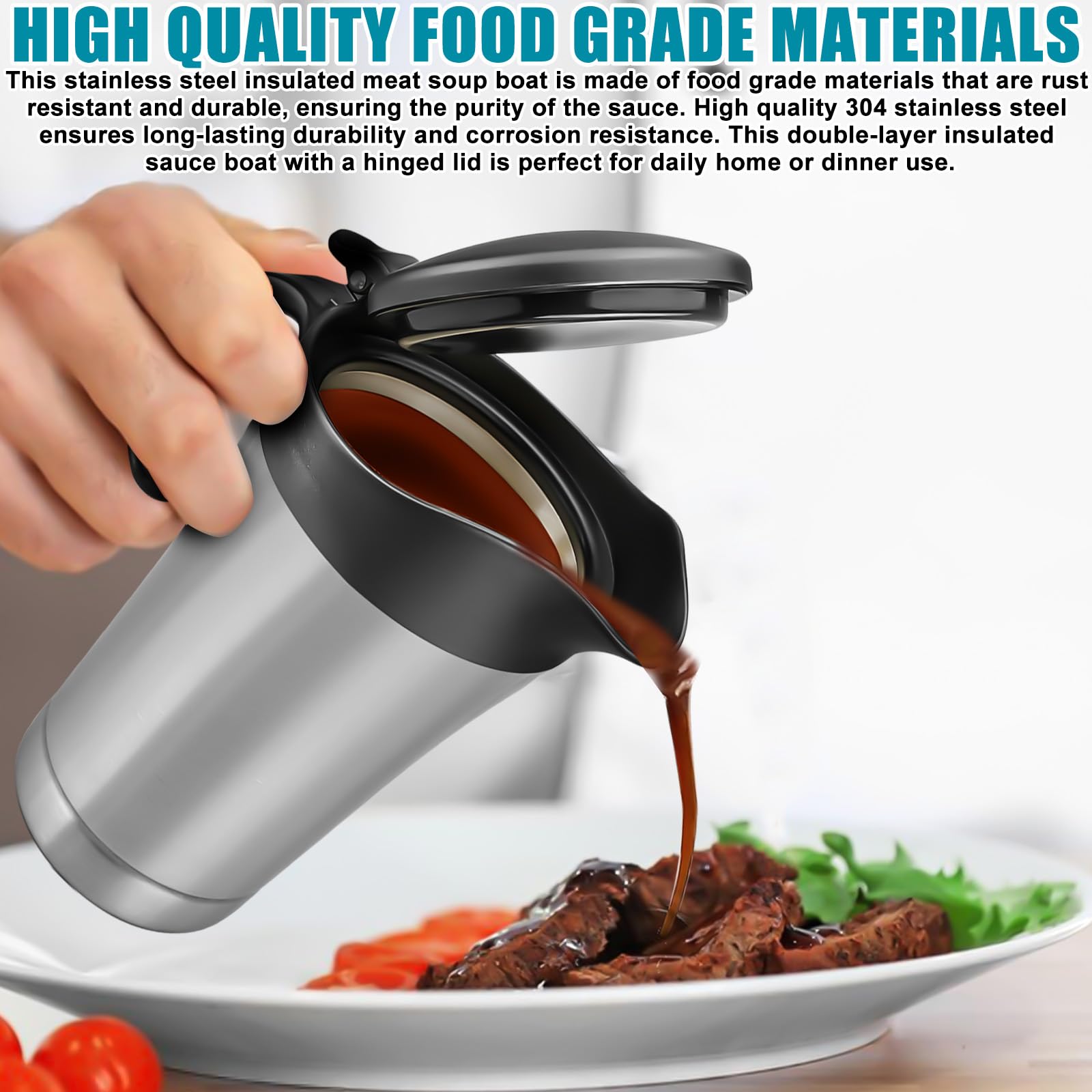750ml Edelstahl Thermo Sauciere, Soßenkanne mit Klappdeckel, Doppelt Isoliert Saucenkanne, Thermo-Sauciere, Eleganter Silberner Saucenkrug für Hause, Abendessen, Restaurants, Partys, Weihnachten