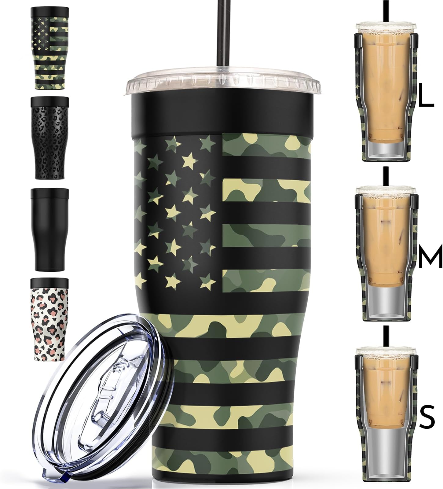 Universal Iced Coffee Sleeve - Upgraded Double Wall Reusable Stainless Steel Holder Sleeves Insulator for Cold Drinks Fits Starbucks Dunkin Donuts McDonalds Small Medium Large Cup (Camouflage Flag)