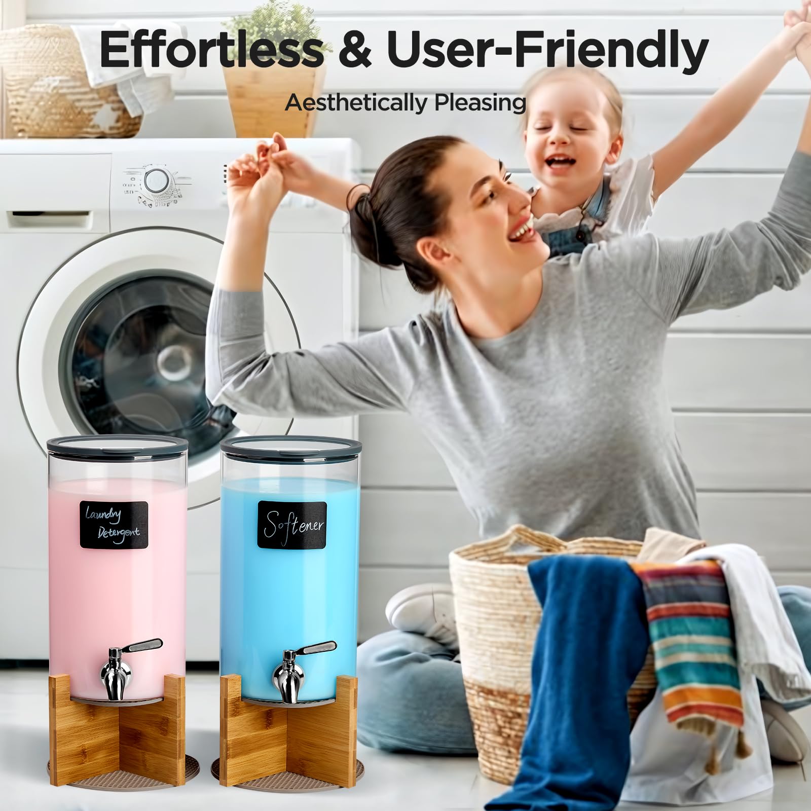 Dispensador de detergente de vidrio para lavandería, dispensador de líquido para lavandería con grifo de acero inoxidable, juego de 2 dispensadores de líquido, recipientes de vidrio para