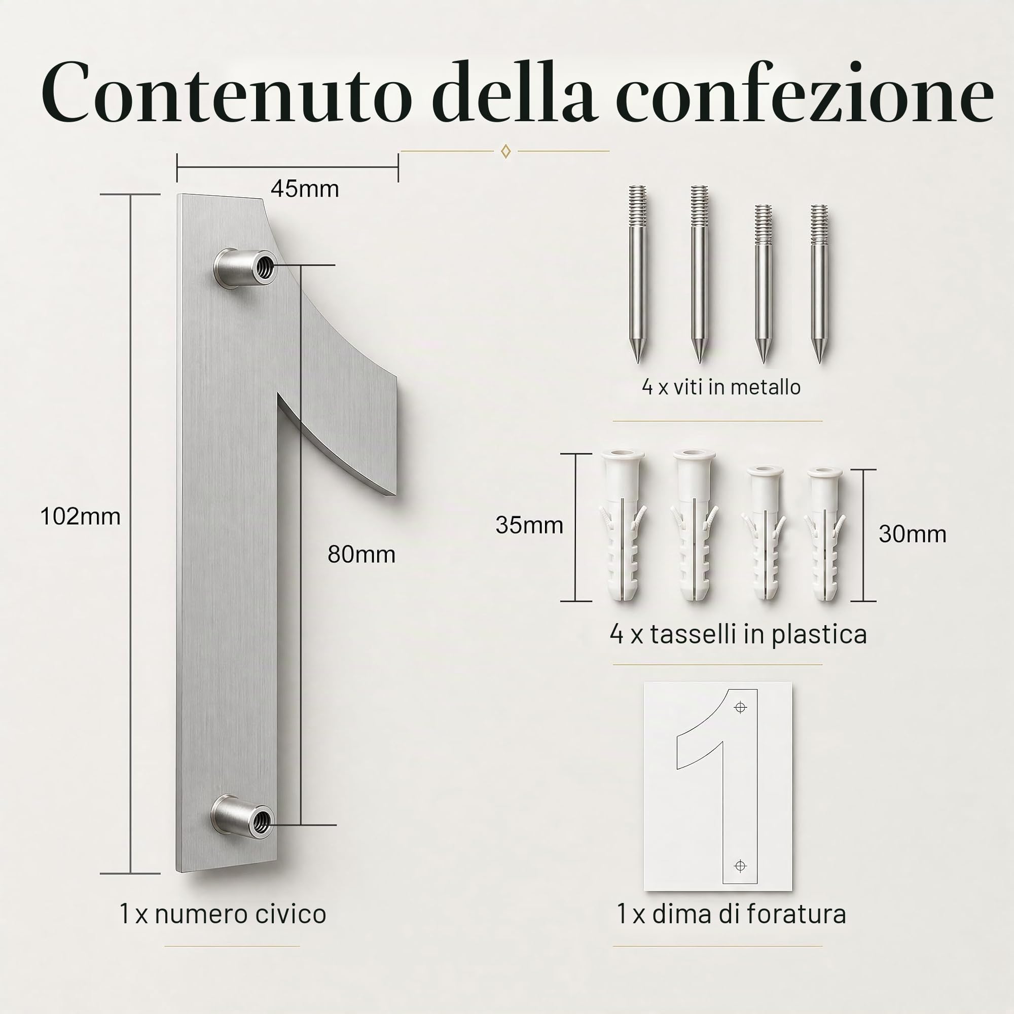spazzolato moderno numero civico -4 pollici 102 mm altezza, in solido acciaio INOX 304, galleggiante aspetto e facile da installare (Numero 1 Uno)