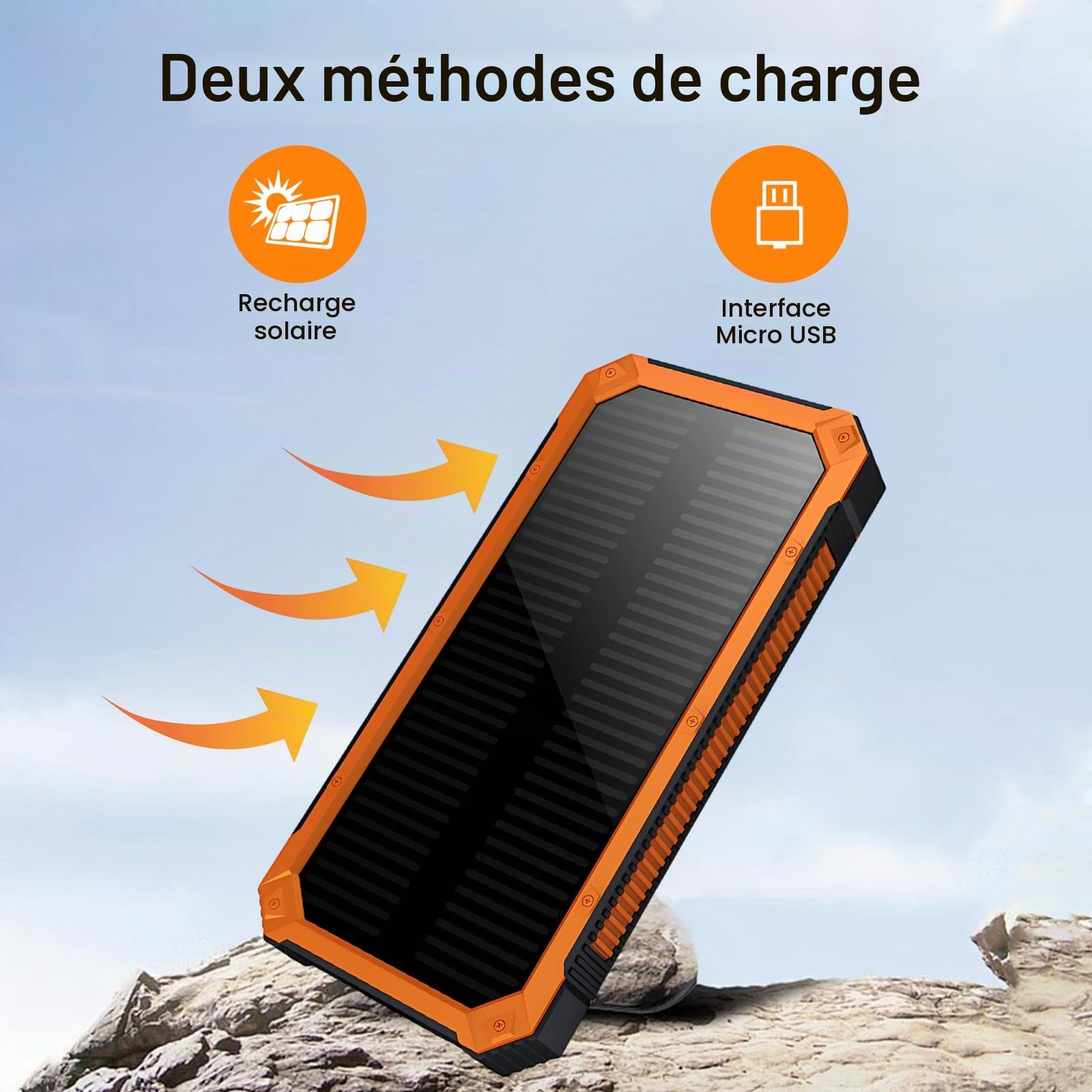 Chargeur Solaire 20000mAh avec Deux Ports USB et Lumière LED,Téléphone Solaire Powerbank Portable pour Smartphones, Tablette, Outdoor Camping