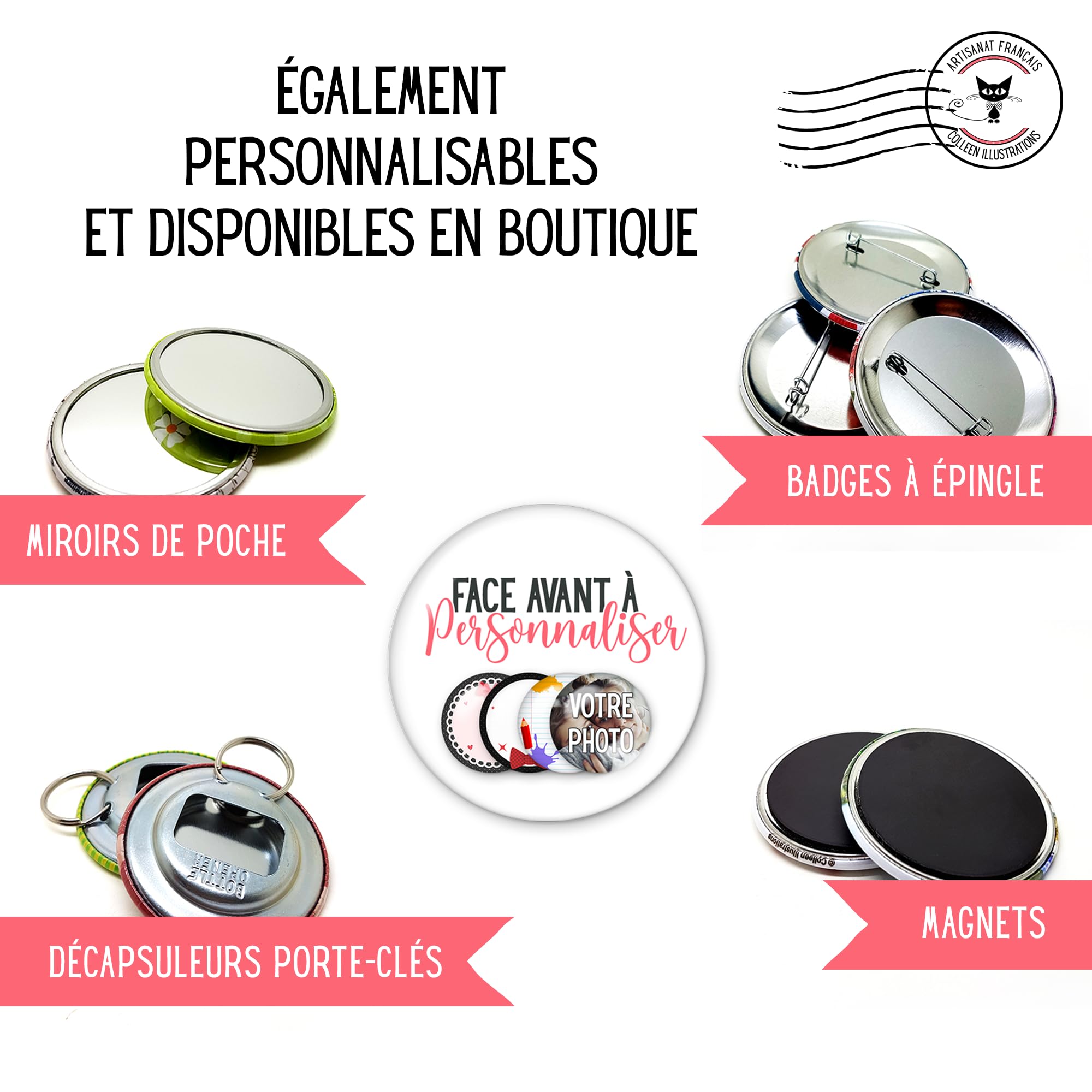 Badge personnalisable 5,6cm avec texte photo logo pour évènement fête mariage anniversaire baptême - Artisanat français Colleen Illustrations