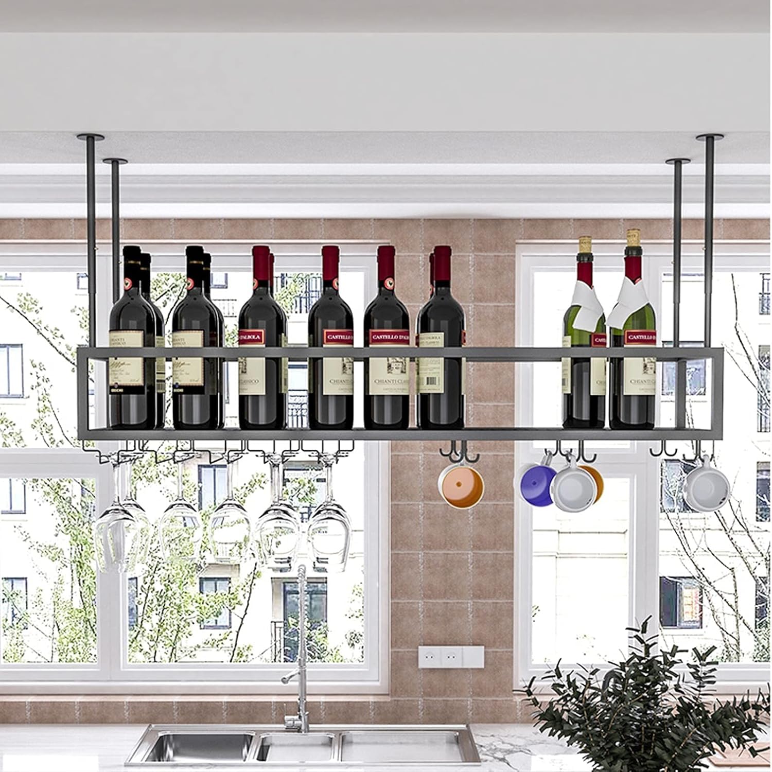 Étagère à vin à suspendre, hauteur réglable en métal, organisateur de bouteilles pour cuisine, bar, restaurant, rangement peu encombrant, 140 x 25 x 21 cm