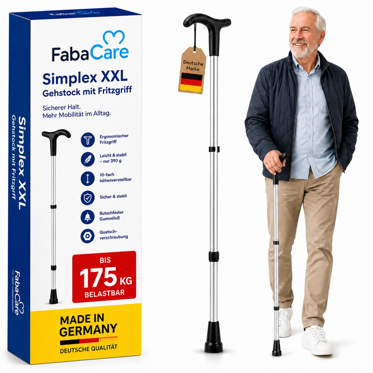 FabaCare Gehstock Simplex XXL, Gehstütze mit Fritzgriff, höhenverstellbar, extra leicht, bis 175 kg, Silber Eloxiert