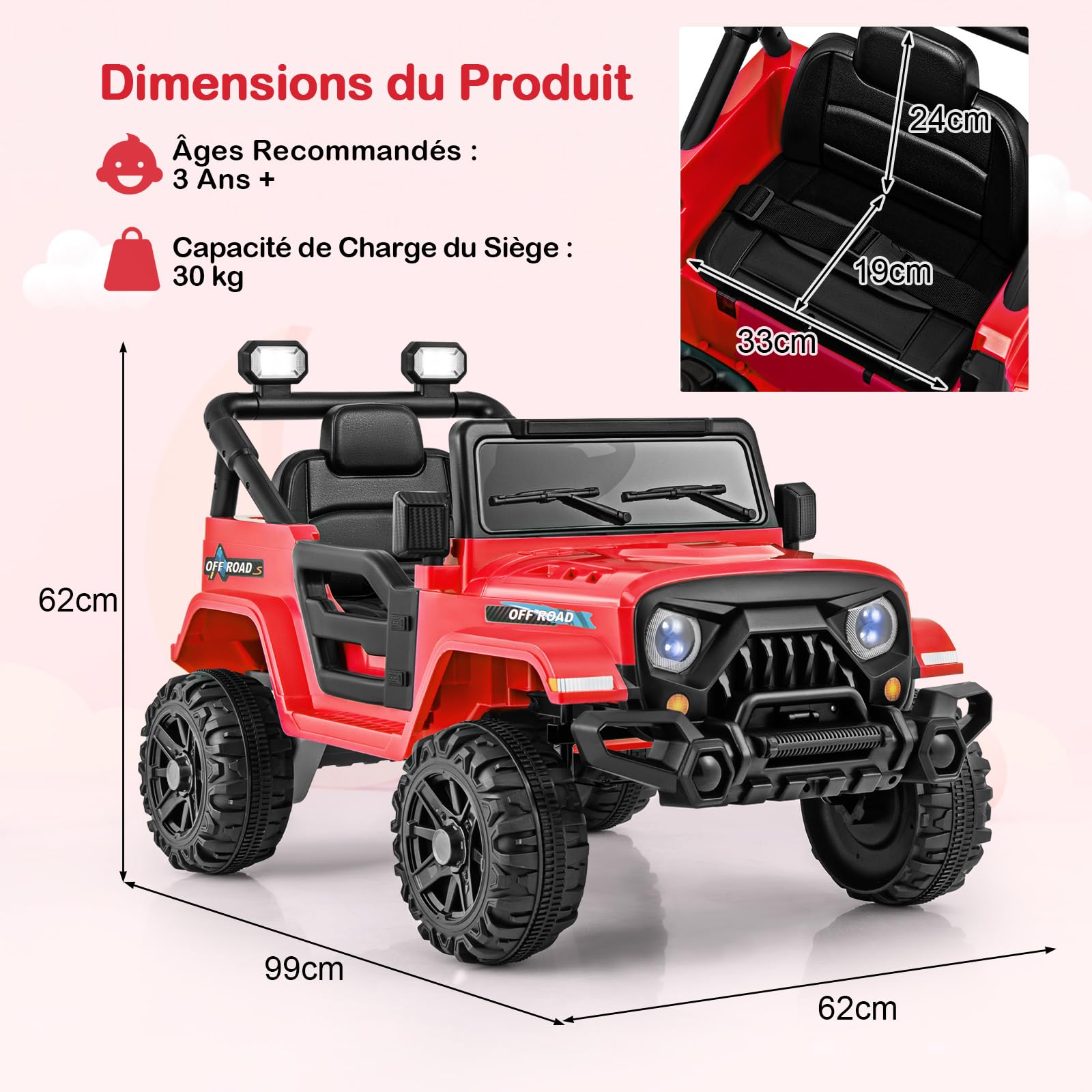COSTWAY 12V Voiture Électrique Enfant avec Télécommande 2,4G, Buggy Électrique Enfant avec Musique & Phares LED, 3-6 km/h, Démarrage Progressif pour 3 Ans+ (Rouge)