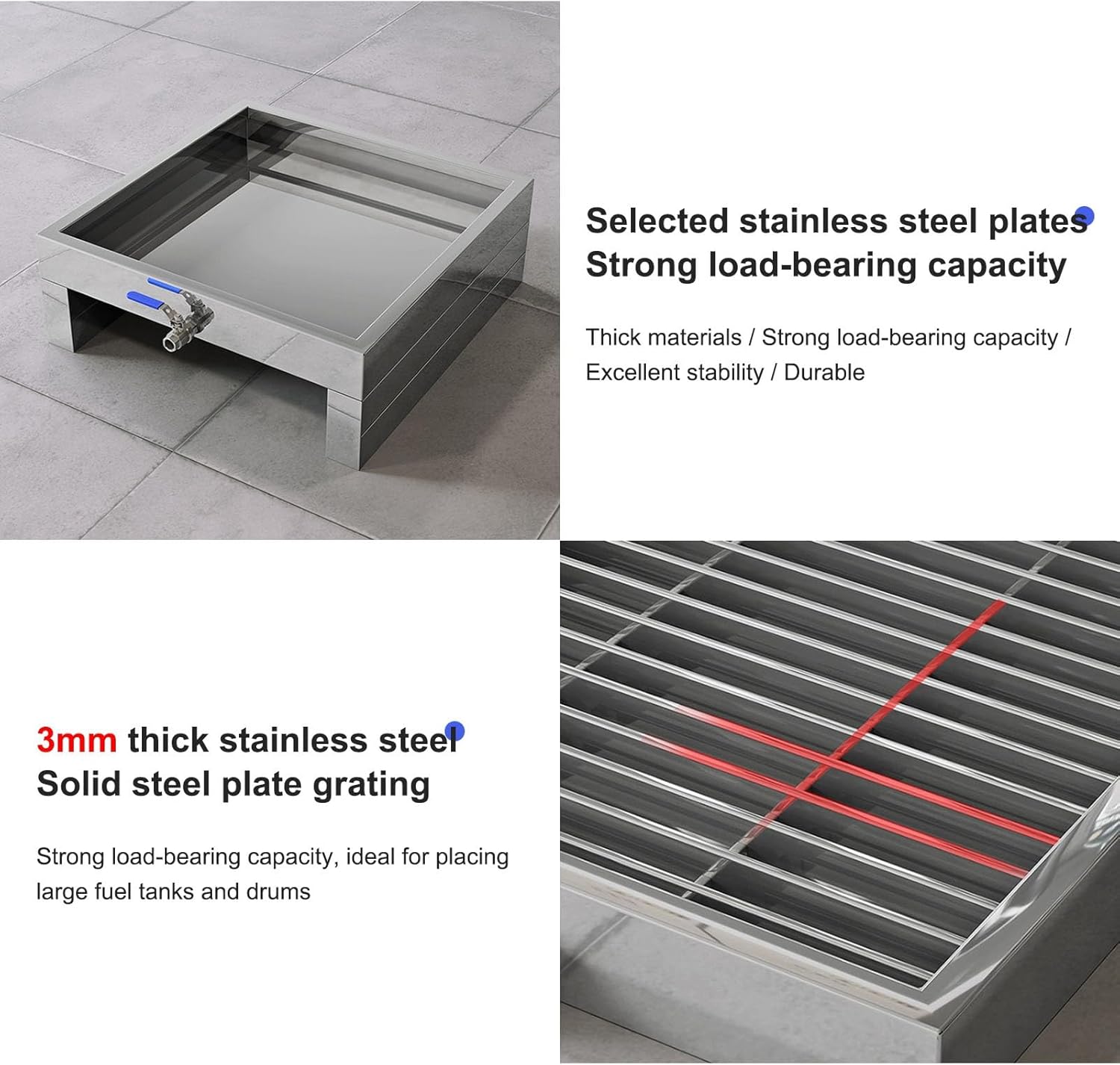 Spill Containment Pallet, Garage Stainless Steel Modular Leakproof Tray with Drain Outlets, Industrial Platform Forklift Pockets for Outdoor Storage of Goods(Silver,65x65x15cm)