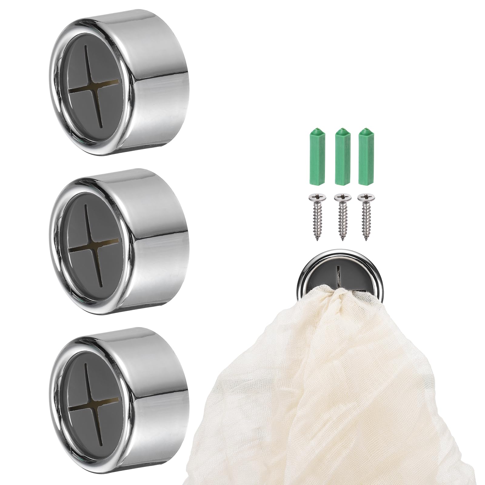 sourcing map 3 Pcs Push Towel Hooks, Round Adhesive Dish Towel Hook with Wall Plug Wall Mount Hand Towel Holder for Kitchen, Bathroom, Hand and Dish Towels, Bright Silver