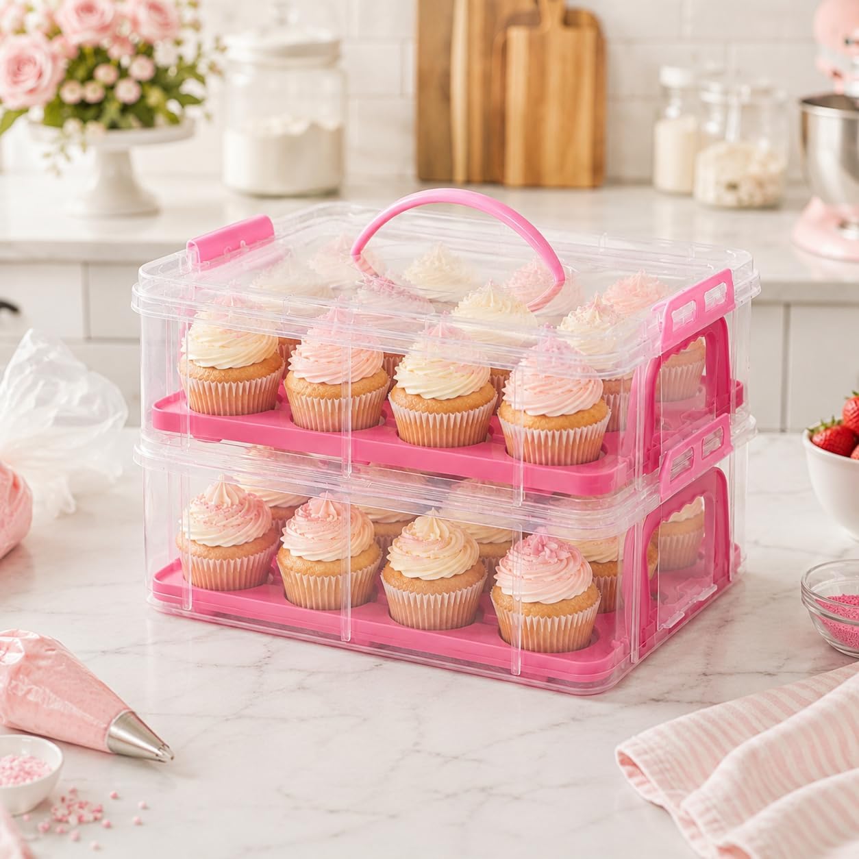 Cupcake Carrier Stackable Storage Container Collapsible Cake Carrier with Lid and Handle, with 50 PCS Cupcake liners,Reusable Plastic Dessert Travel Container,Transport Box (24 Cupcakes Pink)