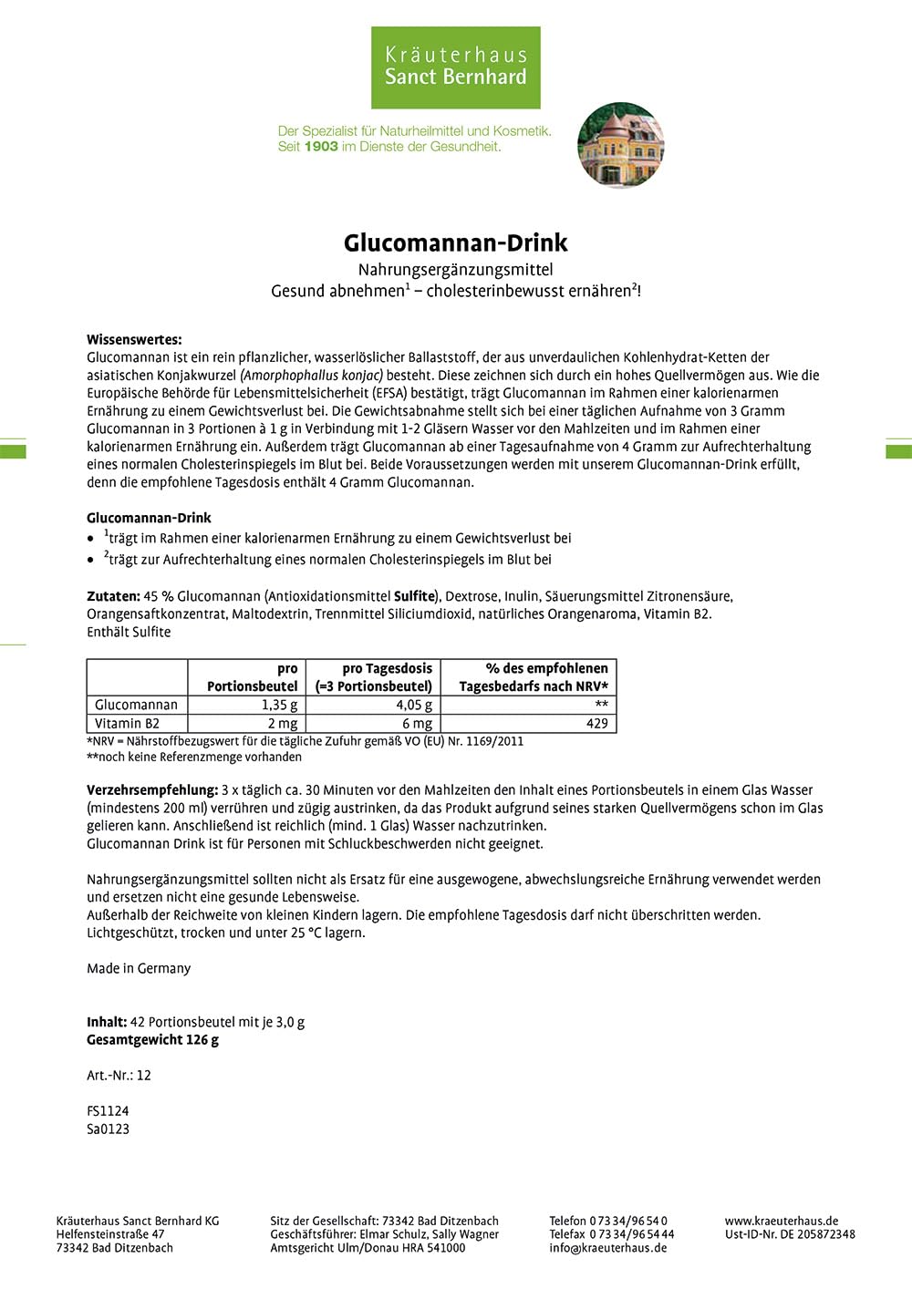 Sanct Bernhard Glucomannan-Drink | Rein pflanzlicher, wasserlöslicher Ballaststoff aus der asiatischen Konjakwurzel | 126 Portionen