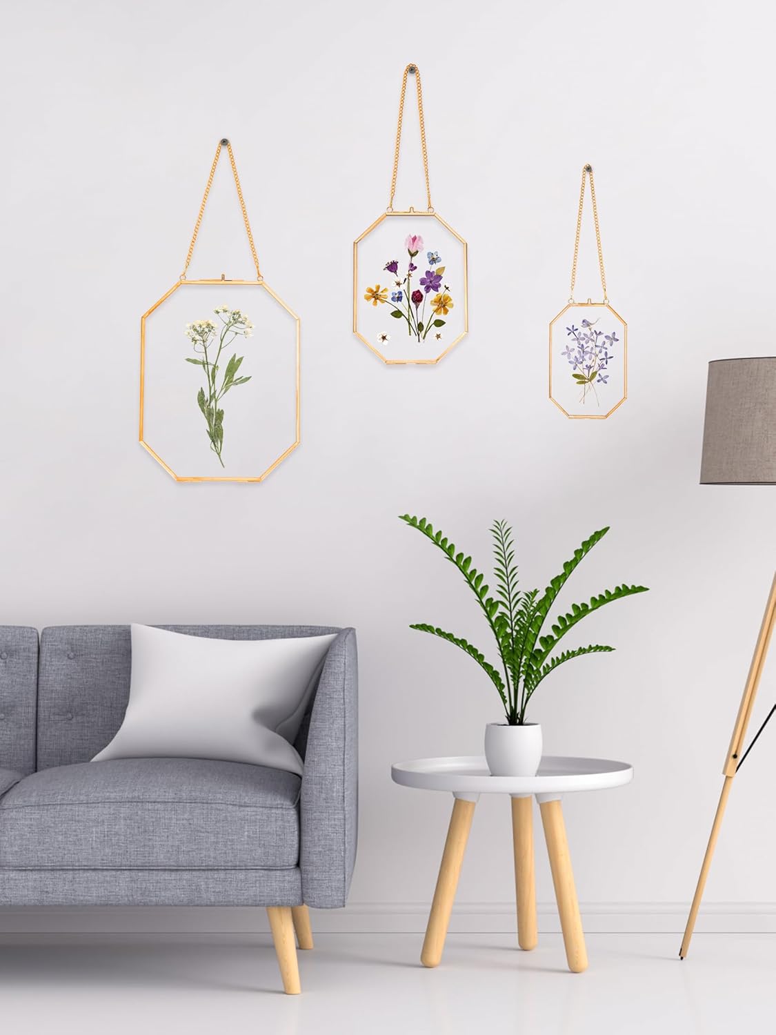 REDHUGO Pressed Flower Frames, Glass Floating Frames for Display Dried Plant Specimen Picture, Hanging Brass Photo Frame with Chain, Double Clear Glass, Vintage Wall Decor, Octagon, Gold, 8x10 Inches