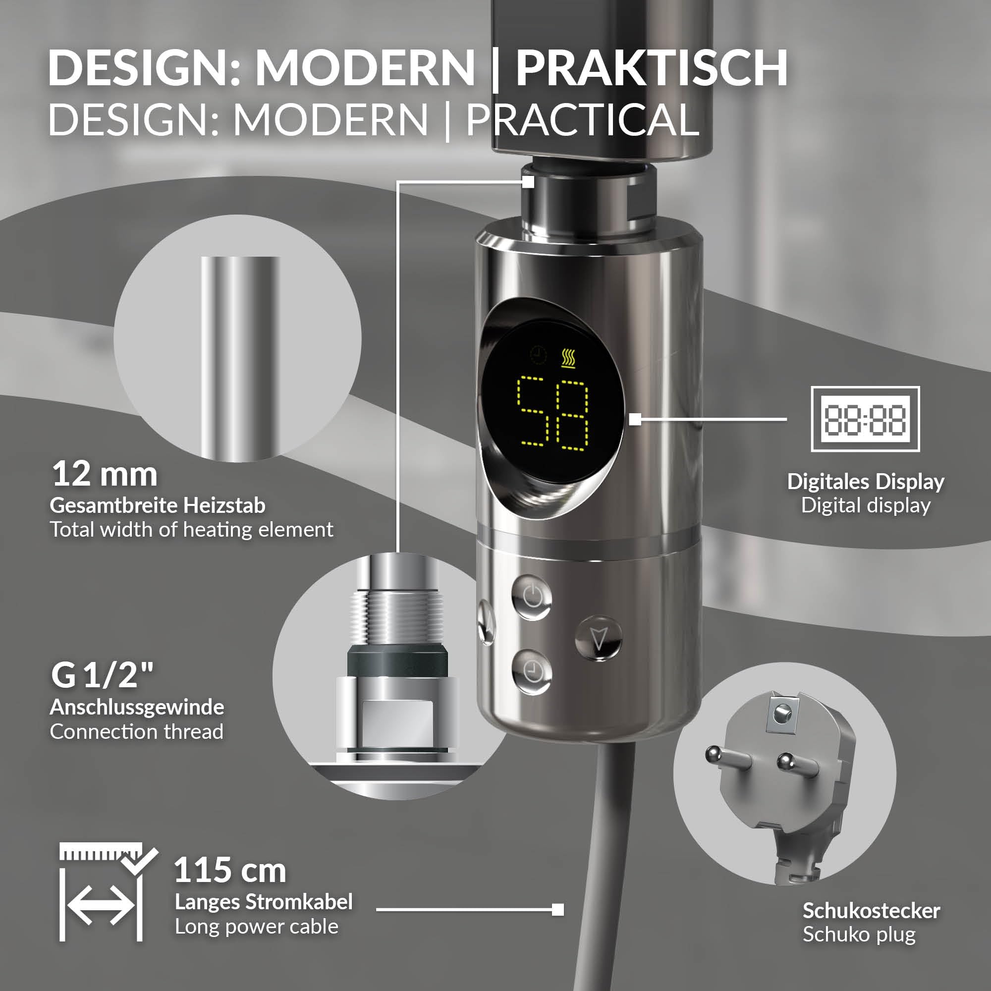 ML-Design Resistenza Elettrica 300 W a Immersione Asta di Riscaldamento per Calorifero Radiatore Termosifone con Termostato Controllo della Temperatura Bagno e Schermo LCD Design Moderno Cromo