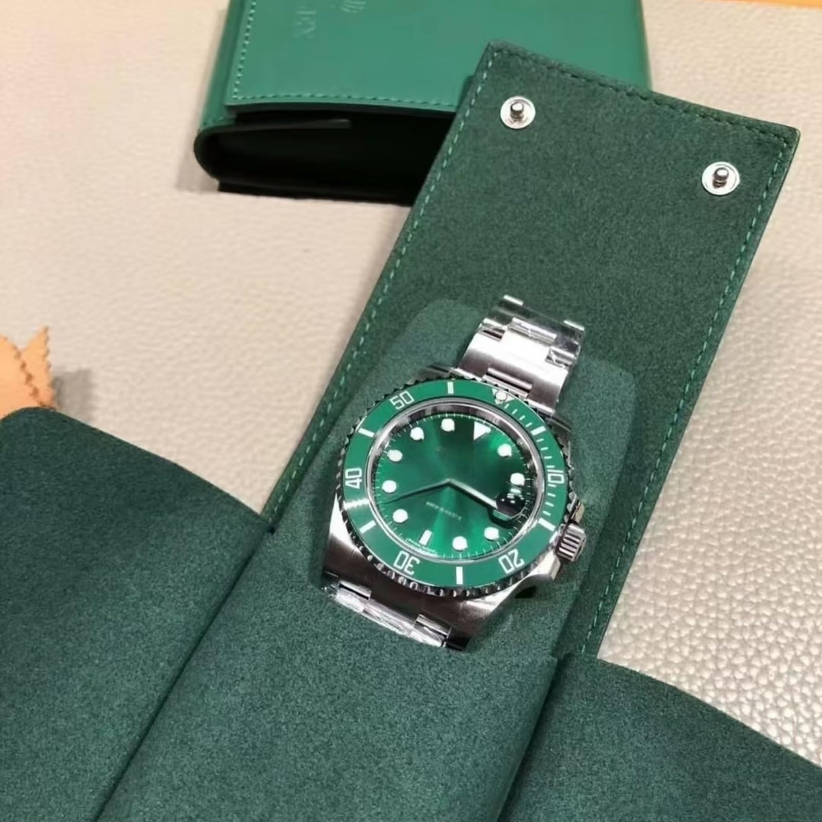 Verde Custodia Morbida Orologio Viaggio Astuccio Portatile Conservazione Organizzatore Morbido Velluto Fodera Bottone Chiusura Porta Orologio per Rolex