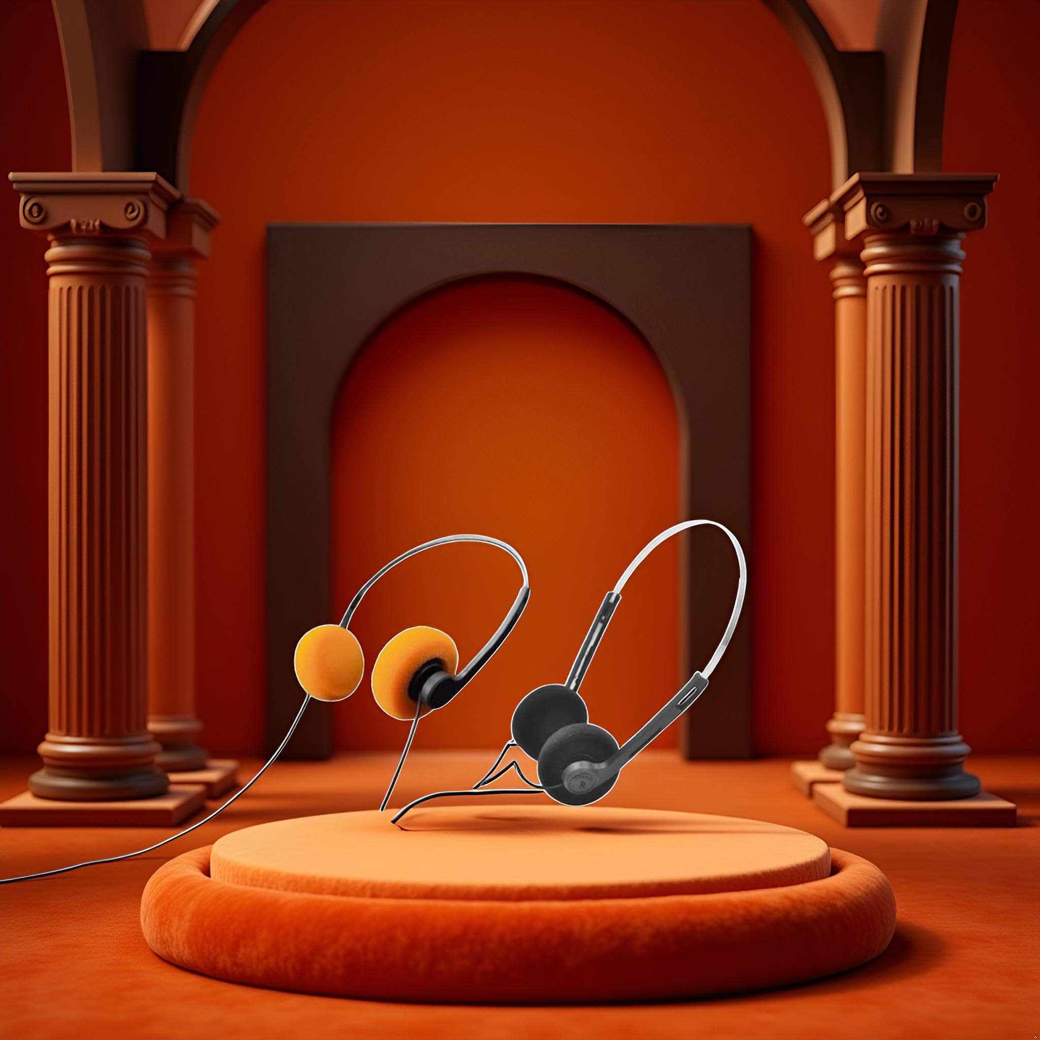 2 auriculares retro en la oreja naranja y negro, auriculares estéreo con cable, auriculares portátiles ligeros con diadema ajustable, reproductor de cassette, sobre la oreja