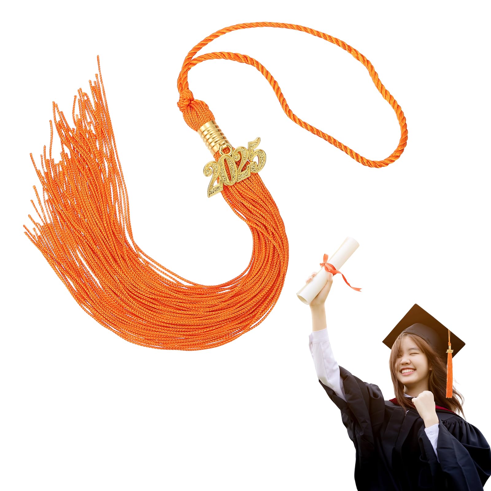 MECCANIXITY Graduation Tassel 2025, Orange Tassels with 2025 Year Gold Date Charms Academic Graduation Charm Cap Decorations Party Decorations