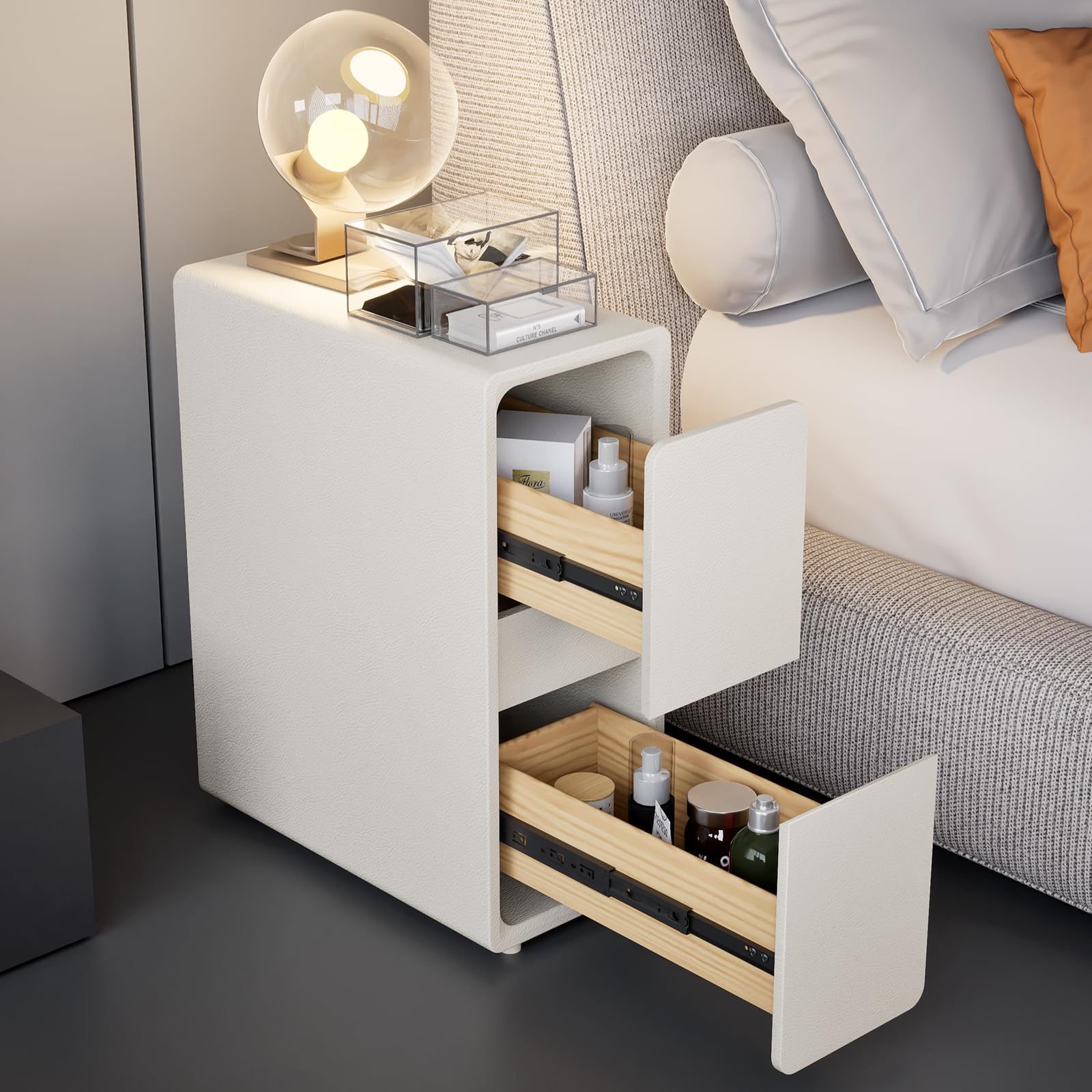 Comodino sottile, sottile, comodino moderno in pelle con 2 cassetti in legno massiccio, piccolo tavolino per camera da letto, soggiorno, 50 x 40 x 25 cm (bianco caldo)