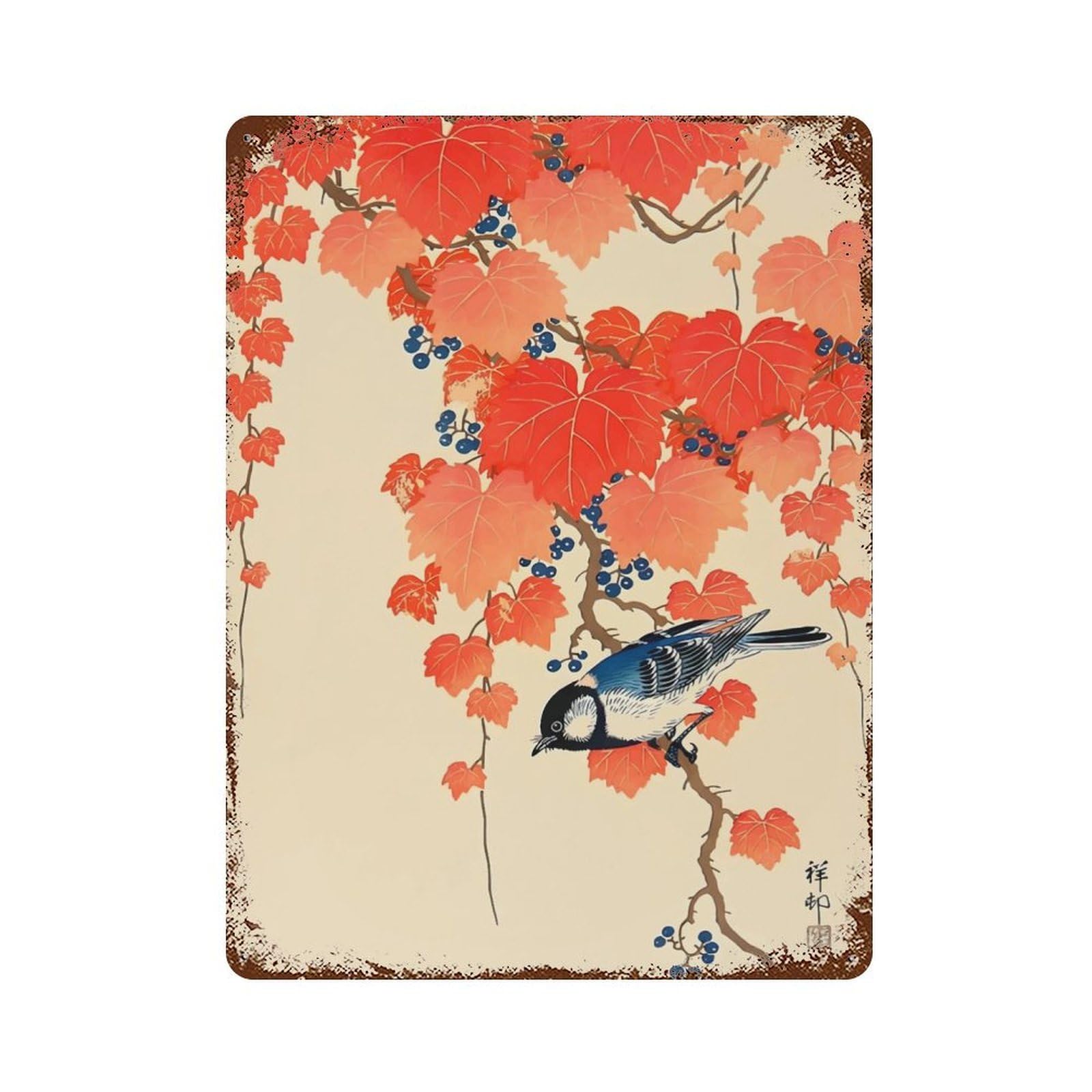 Bird Red Ivy 15.7"x11.8" Rustic Tin Plaque, Novelty Wall Decor for Living Room, Hallway And Home Decor
