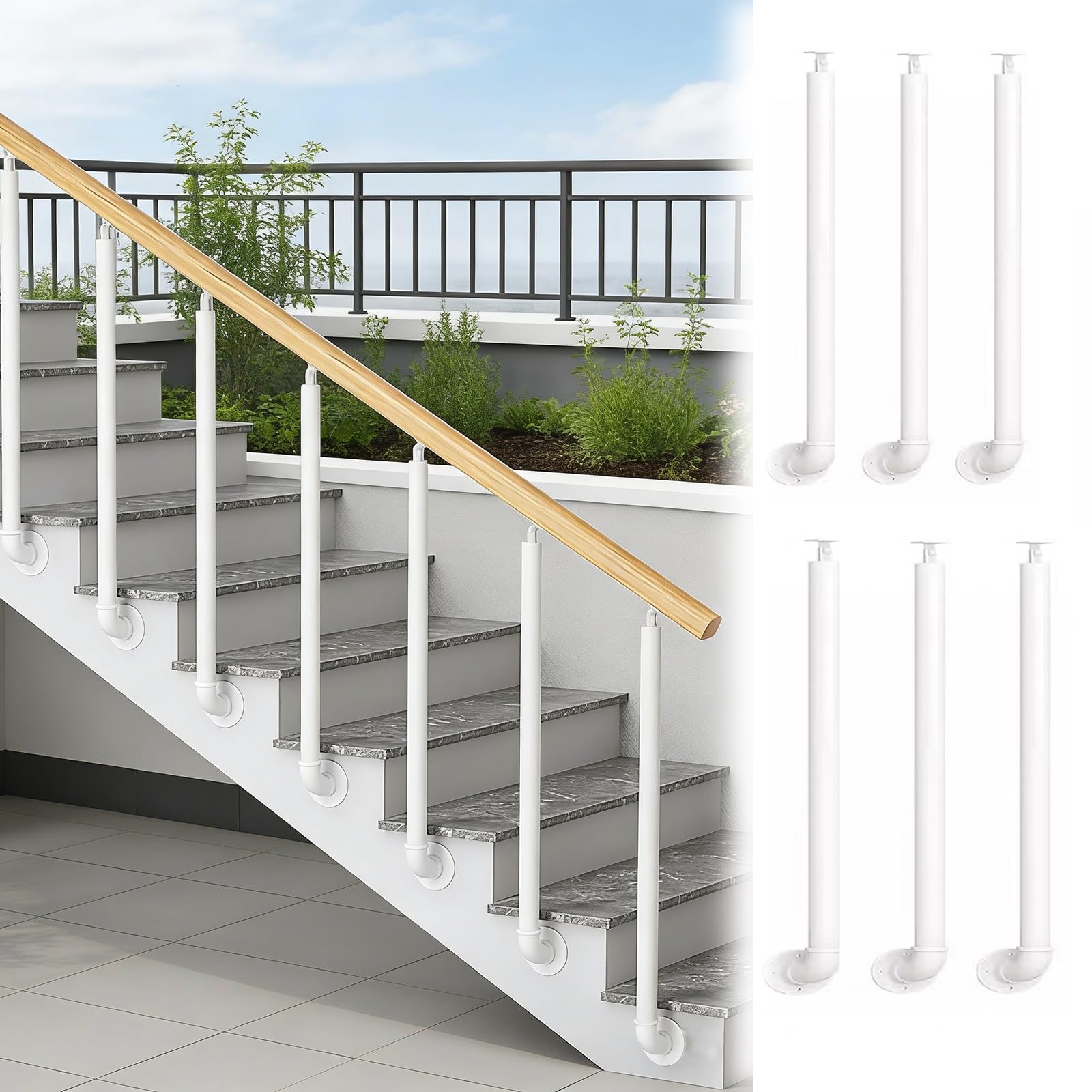 HAIXHX H 85 90 95 100 105cm Side Mount Post for Railing Outdoor Balcony, White Round Metal 270° Adjustable Staircase Balusters with Screws Kit(6 Pack,H 90cm/35.5in)