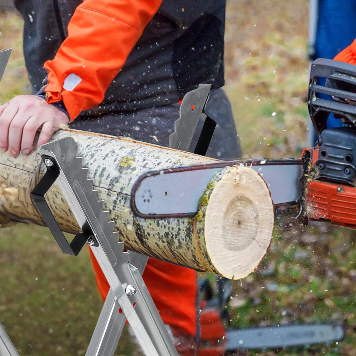 Cavalletto per sega in legno zincato pieghevole con 3 supporti e dentatura, pieghevole per legna da ardere fino a Ø 23 cm, max. 150 kg, supporto per sega