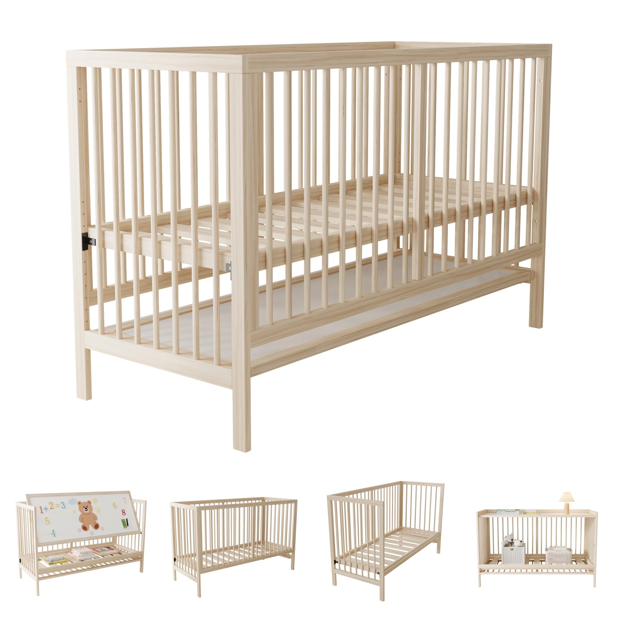 Holz Babybett, multifunktionales Babybett, umwandelbar in Nebenbett/Malerbrettständer/Schreibtisch, höhenverstellbar, ohne Matratze, aus Fichte, naturfarben, 140x60x90cm