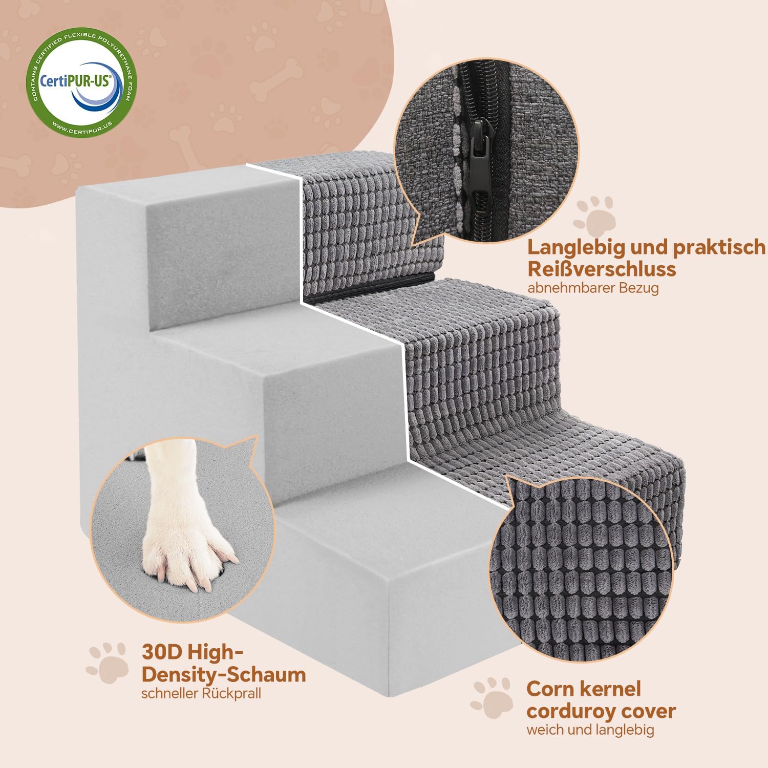 Sytopia Hundetreppe 3 Stufen, 34 cm hoch, Katzentreppe für Bett und Sofa, bis 30 kg, Haustiertreppe für kleine Hunde und Katzen, 30D Schaumstoff, rutschfest, waschbarer Cordbezug, Grau