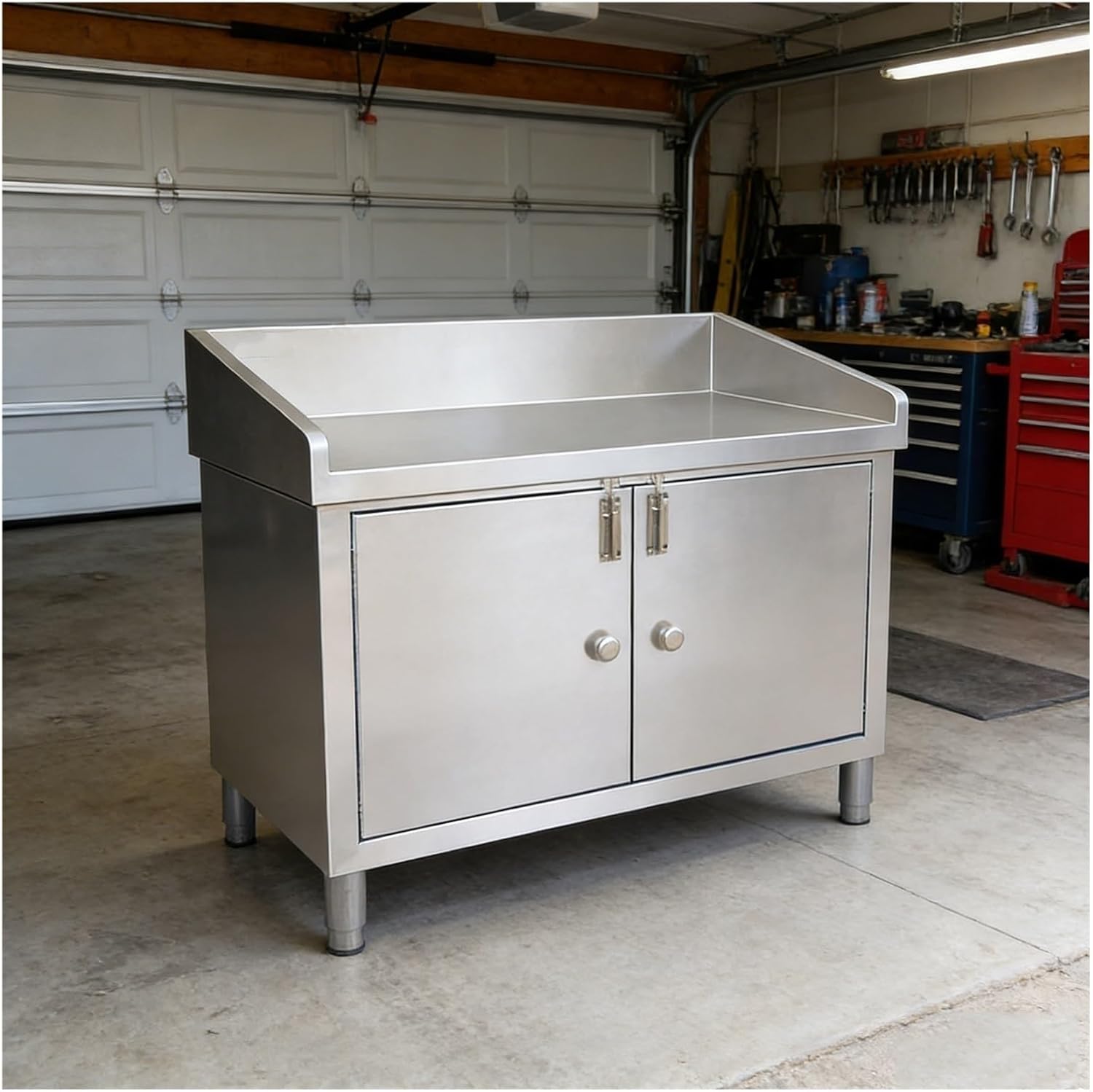 Stainless Steel Workbench with Three-Sided Guardrails Double-Door Storage Cabinet with Handles and Latches Kitchen Work Table Adjustable Legs Suitable for Hotels and Warehouses