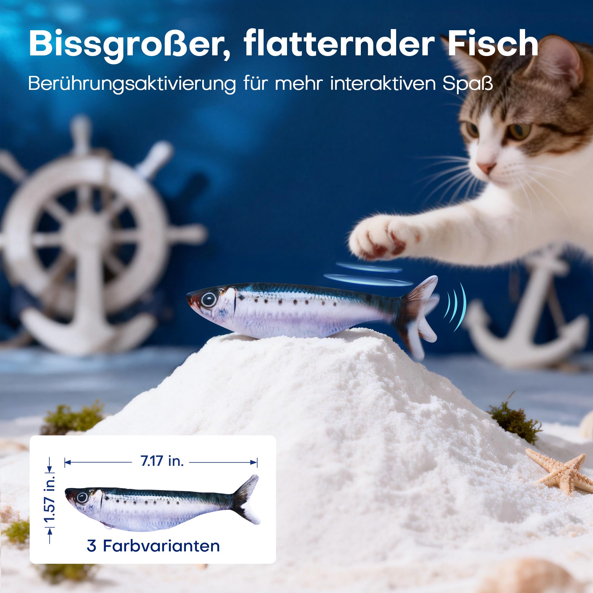 Potaroma Katzenspielzeug, interaktives elektrisches flatterndes Fisch-Spielzeug 3er-Set, wiederaufladbar mit Katzenminze & 3 Flattermodi, 18 cm, Stabiler Plüsch, automatische Bewegungsaktivierung