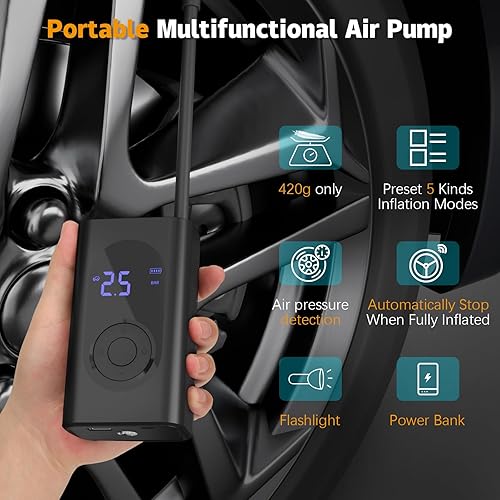 Miniatura 2 de Compresor de aire portátil para inflador de neumáticos, bomba de aire eléctrica inalámbrica de 150 PSI con medidor digital de presión de neumáticos,