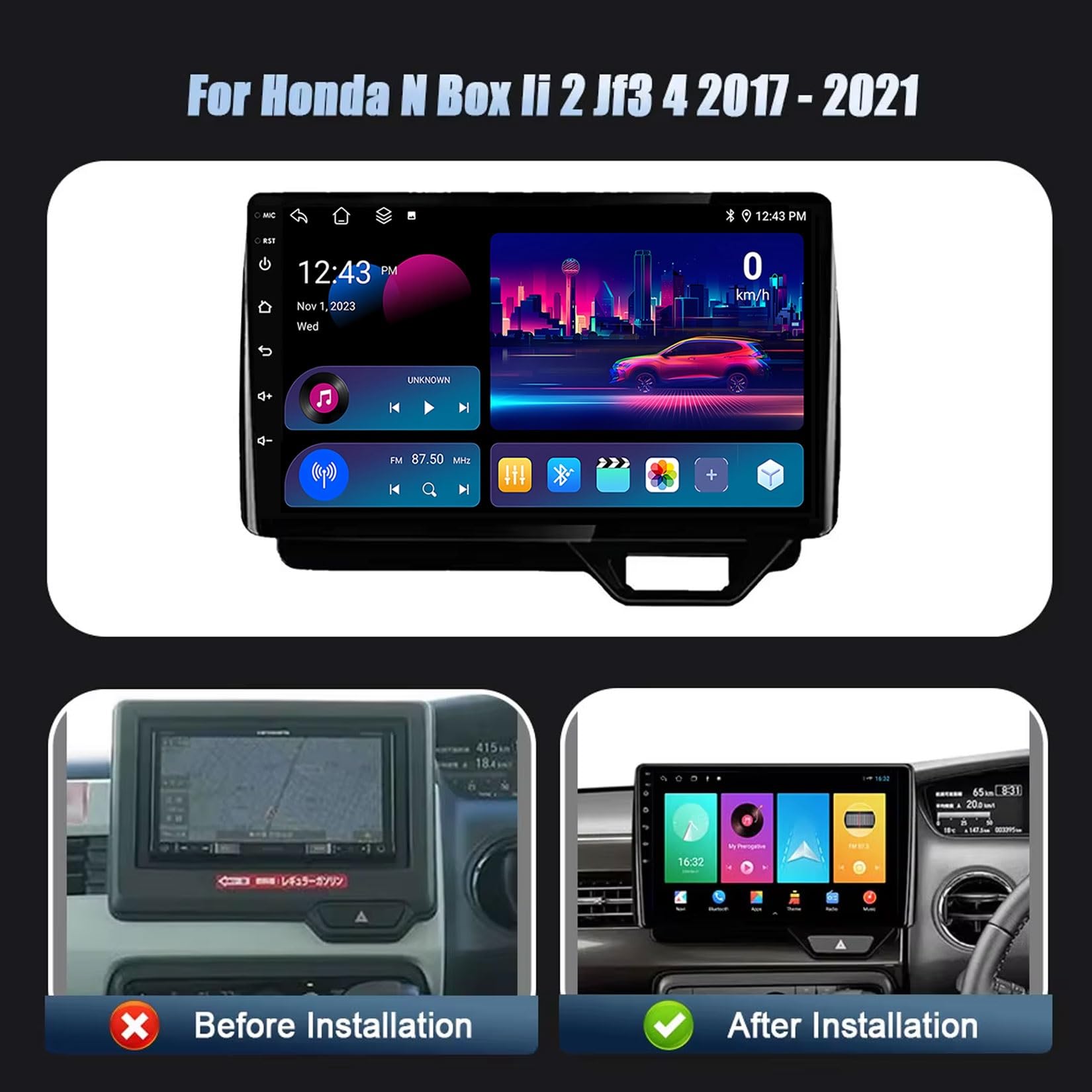 Nawigacja GPS z systemem Android 14 Navi do Honda N Box II 2 Jf3 4 2017-2021 9-calowy ekran dotykowy stereo z bezprzewodową funkcją Carplay Bluetooth WiFi DSP USB Link Lustro Kamera tylna (wysokość 4