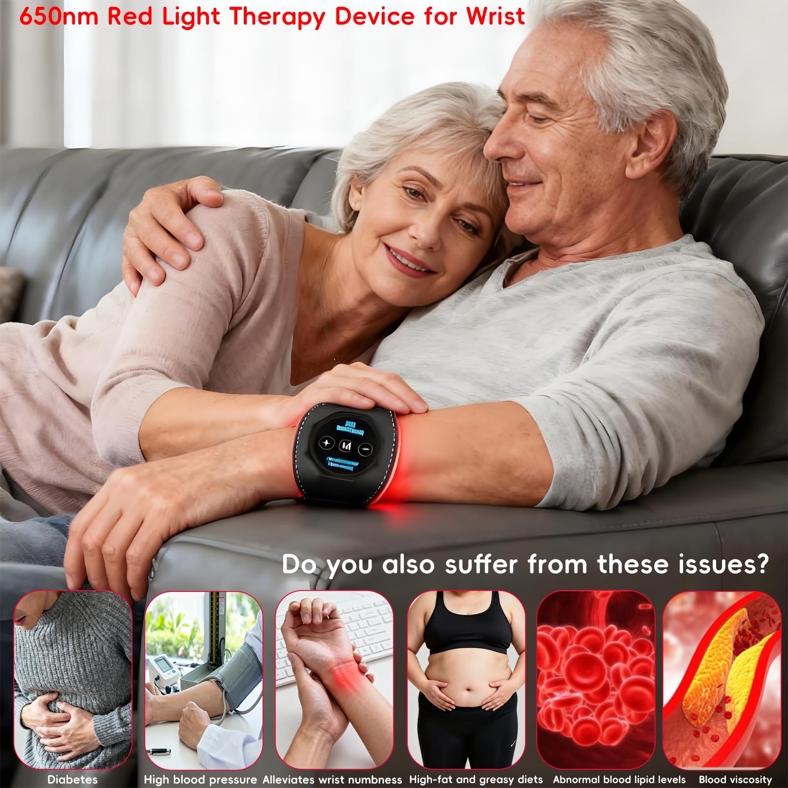 Terapia de luz roja para muñeca de mano, pulsera de luz visible de 650 nm con ajuste de 4 niveles, diseño portátil para padres mayores para aliviar la tensión muscular y el cuidado de las manos, uso