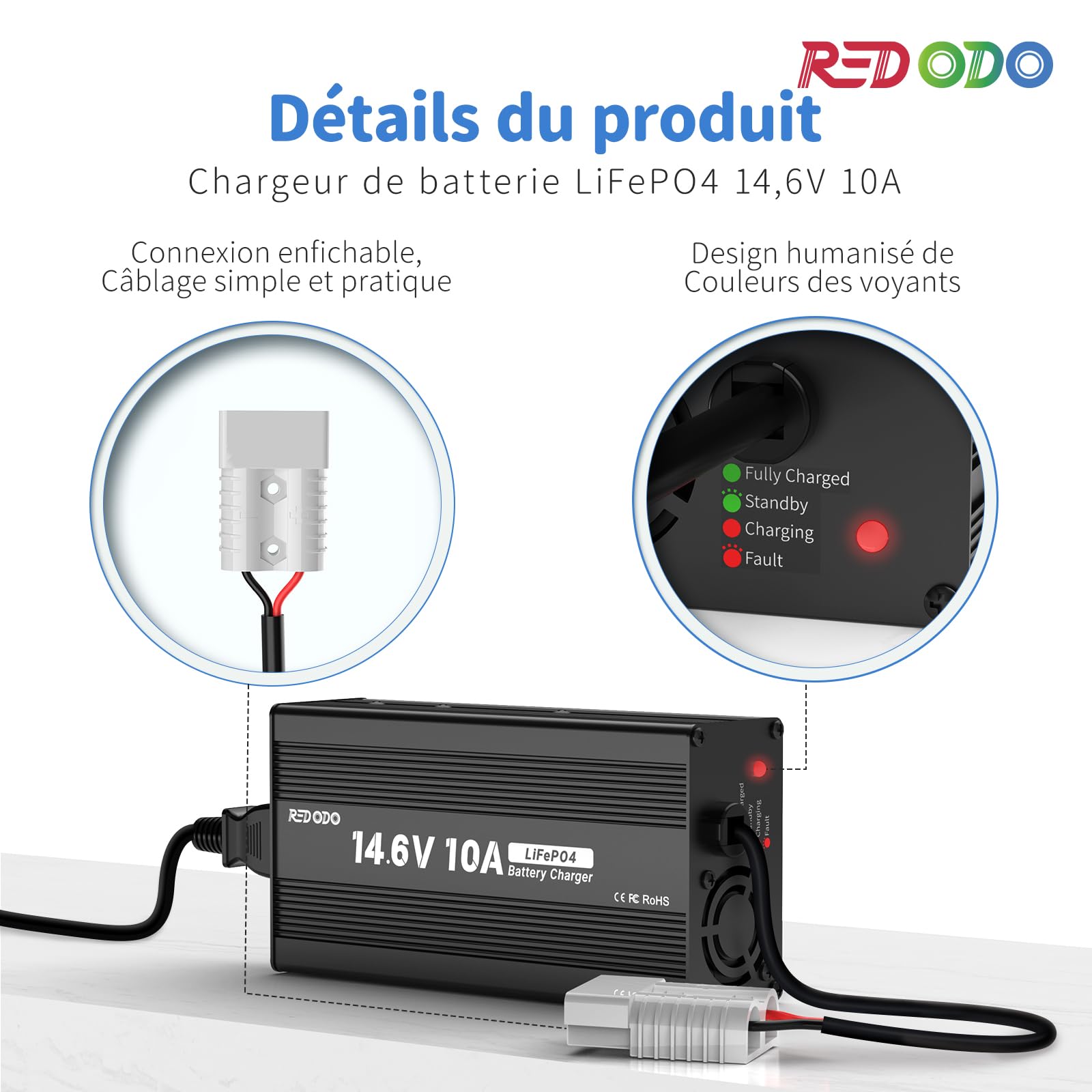 Redodo Batterie Lithium 12V 100Ah + Chargeur Batterie 12V 10A Énergie 1280Wh BMS 100A 10 Heures pour Une Charge Complète pour Camping-Car Bateau Système Solaire Hors Réseau