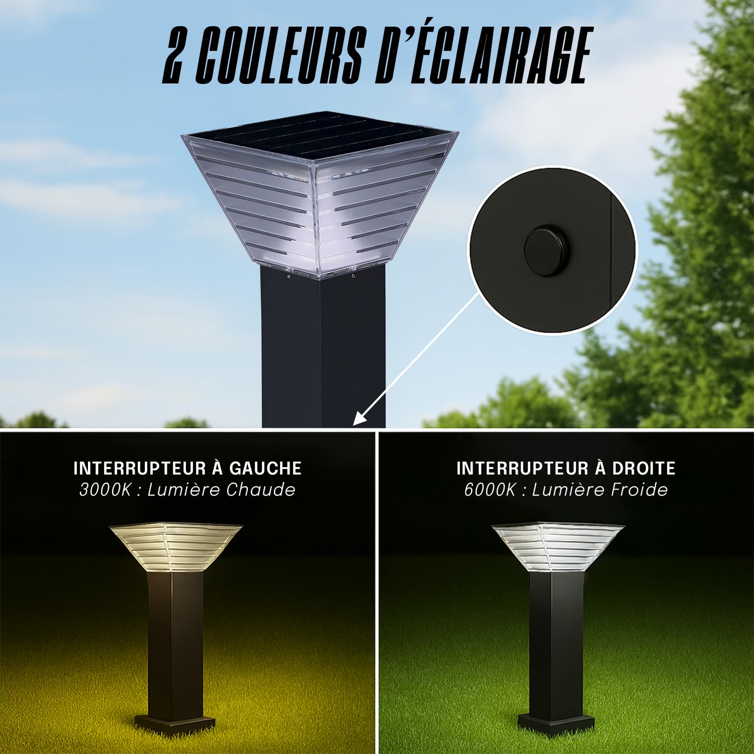 Lampe Solaire Extérieur Jardin – Borne Solaire LED 300 Lumens IP65 – 3000K/6000K – Autonomie 20h, Recharge 5h – Pour Cour, Terrasse, Allée – Aluminium Résistant (Carré, 40 CM)