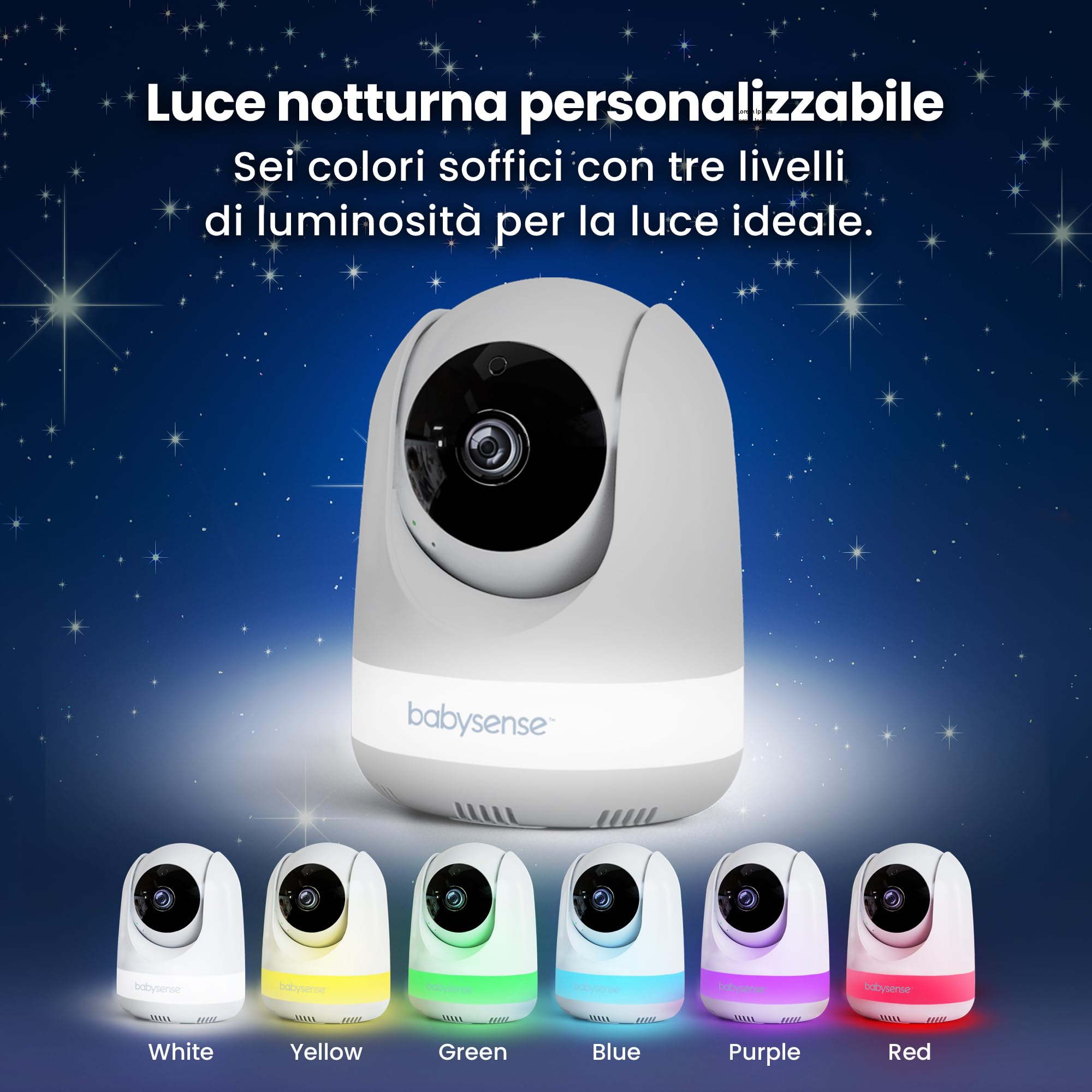 Babysense Babyphone Full HD con schermo diviso a 2 camere, luce notturna a 6 colori, rilevatore di rumori e luci, batteria da 20 ore, connessione sicura senza WLAN