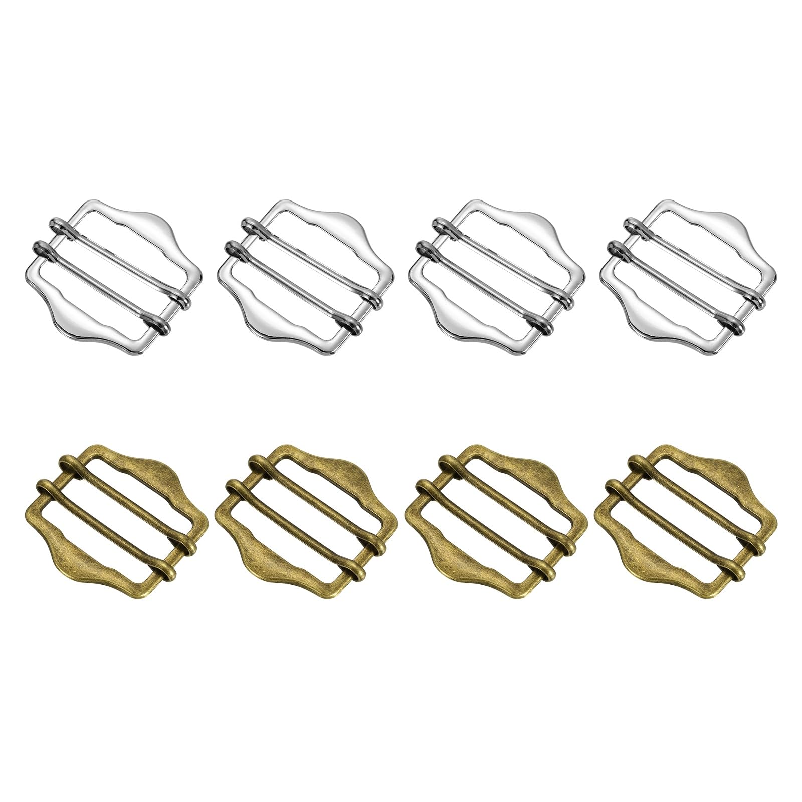sourcing map 8Pcs Metal Slide Buckles, 20mm Double-Pin Webbing Strap Roller Adjuster, Slider Buckle Tightener for Suit Belt Cloth Bags Replacement Part, Silver/Bronze