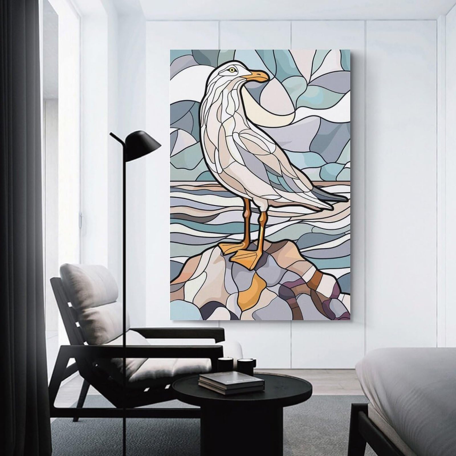 Junmoney Stained Glass Seagull on Rock Wall Picture Print 16x24inch(40x60cm), for Lounge Decor, Offices Or Entryway Styling, Versatile Wall Decor for Many Rooms