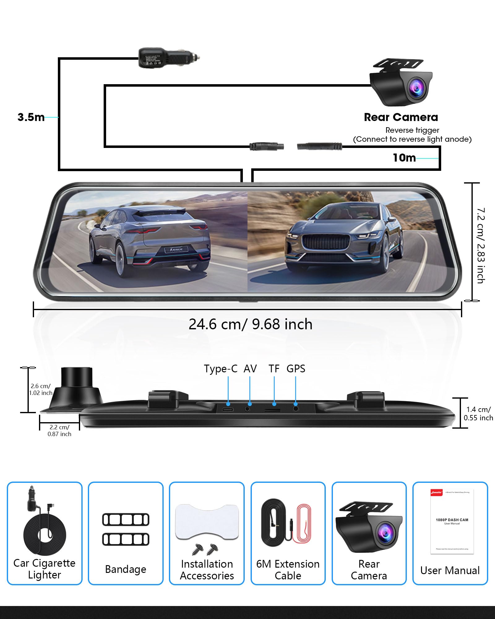 Vtopek Dual 1080P Dash Cam Auto Specchietto Retrovisore Auto con Telecamera 170°+140° Grandangolo 10" Specchietto Retrovisore Dashcam con Visione Notturna G-sensor Registrazione in Loop 6M Cavo