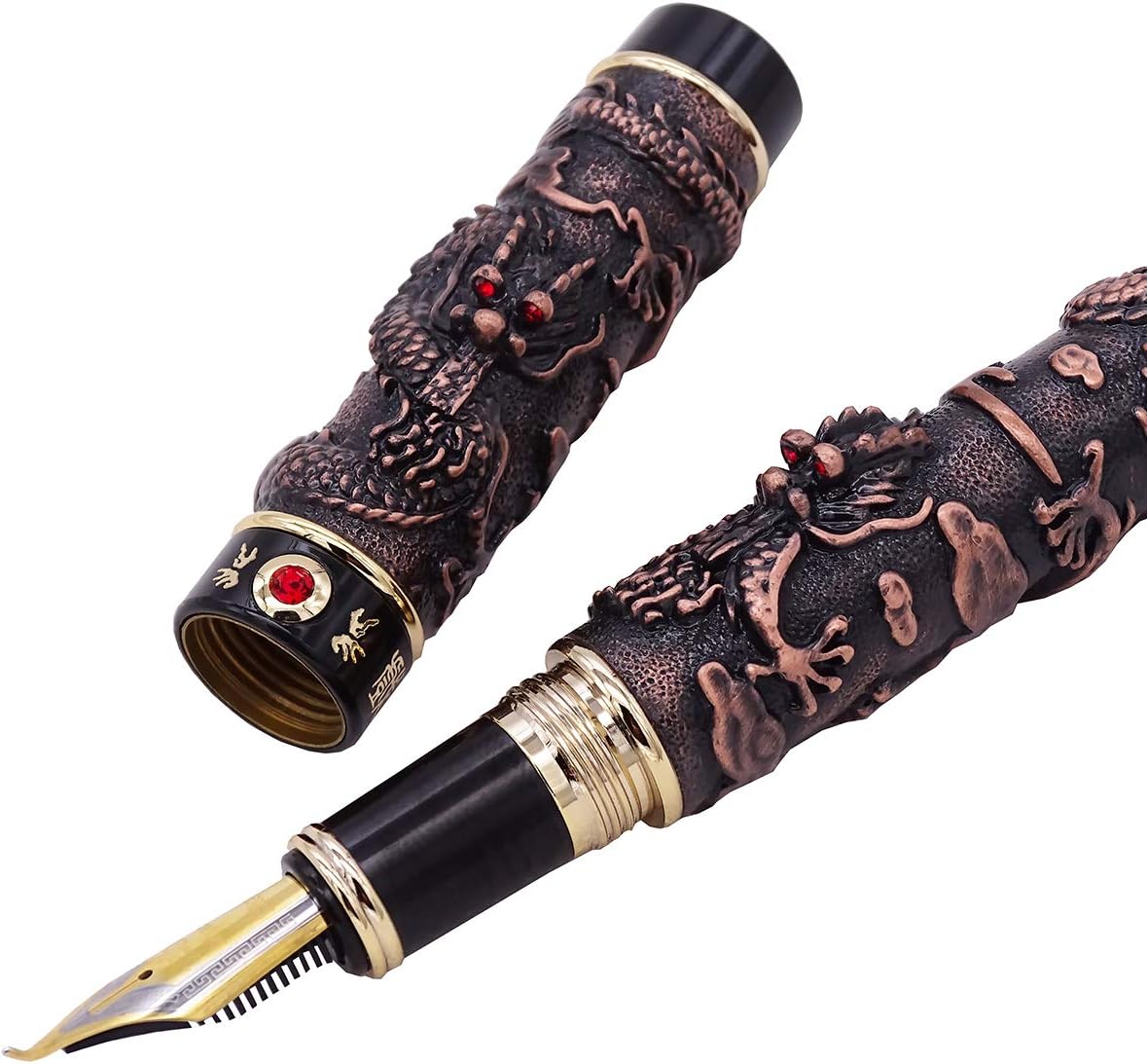 Chinese Dragon Fountain Pen Vintage Red Brass, Fude Pen Bent Nib (Fine to Broad Size) for Art Drawing Calligraphy Handwriting by Jinhao