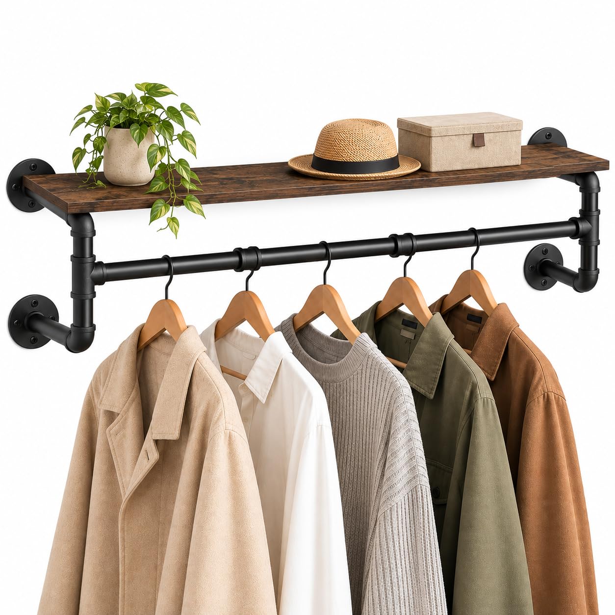 unho Wall Mounted Clothes Rail with Shelf, 104cm Industrial Pipe Rack