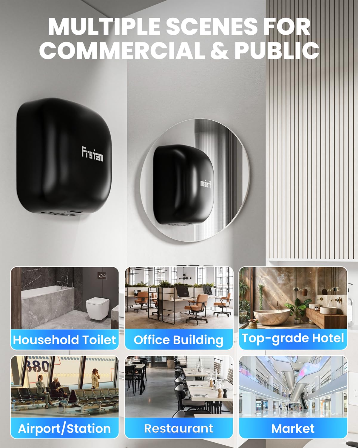 1400W Kommerzieller Händetrockner Automatischer Hand Dryer mit Automatischem Infrarotsensor & Intelligenter Temperaturregelung für Zuhause Badezimmer Restaurants Hotels, Schwarz