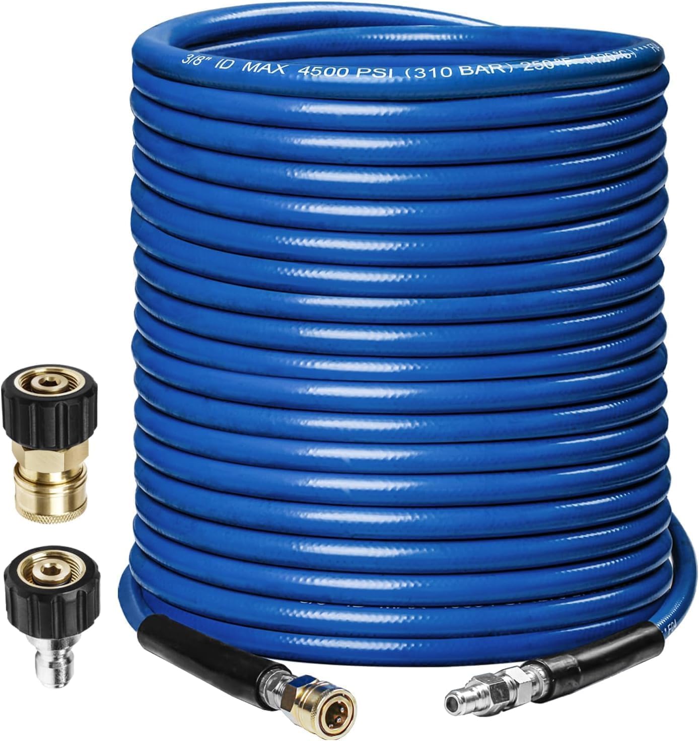 WOJET Manguera de lavado a presión de 15 m – 3/8 pulgadas de acero trenzado 4500 PSI/310 bar, manguera de alta presión para lavado a gasolina, uso en agua fría/caliente, conexión rápida de 3/8