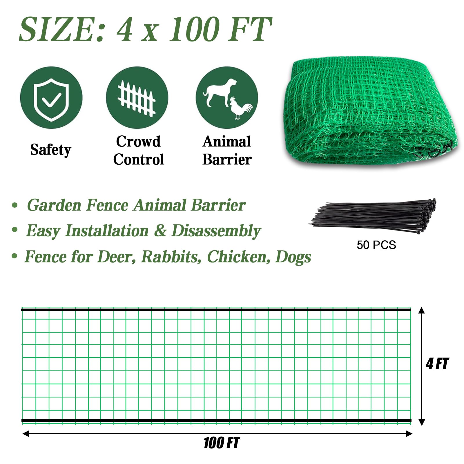 Quobiad Temporärer Gartenzaun 4' X 100' (ca. 1,2x30 M) – Kunststoff-Sicherheitszaun Mit 50 Kabelbindern Für Tiere, Baustelle & Schnee
