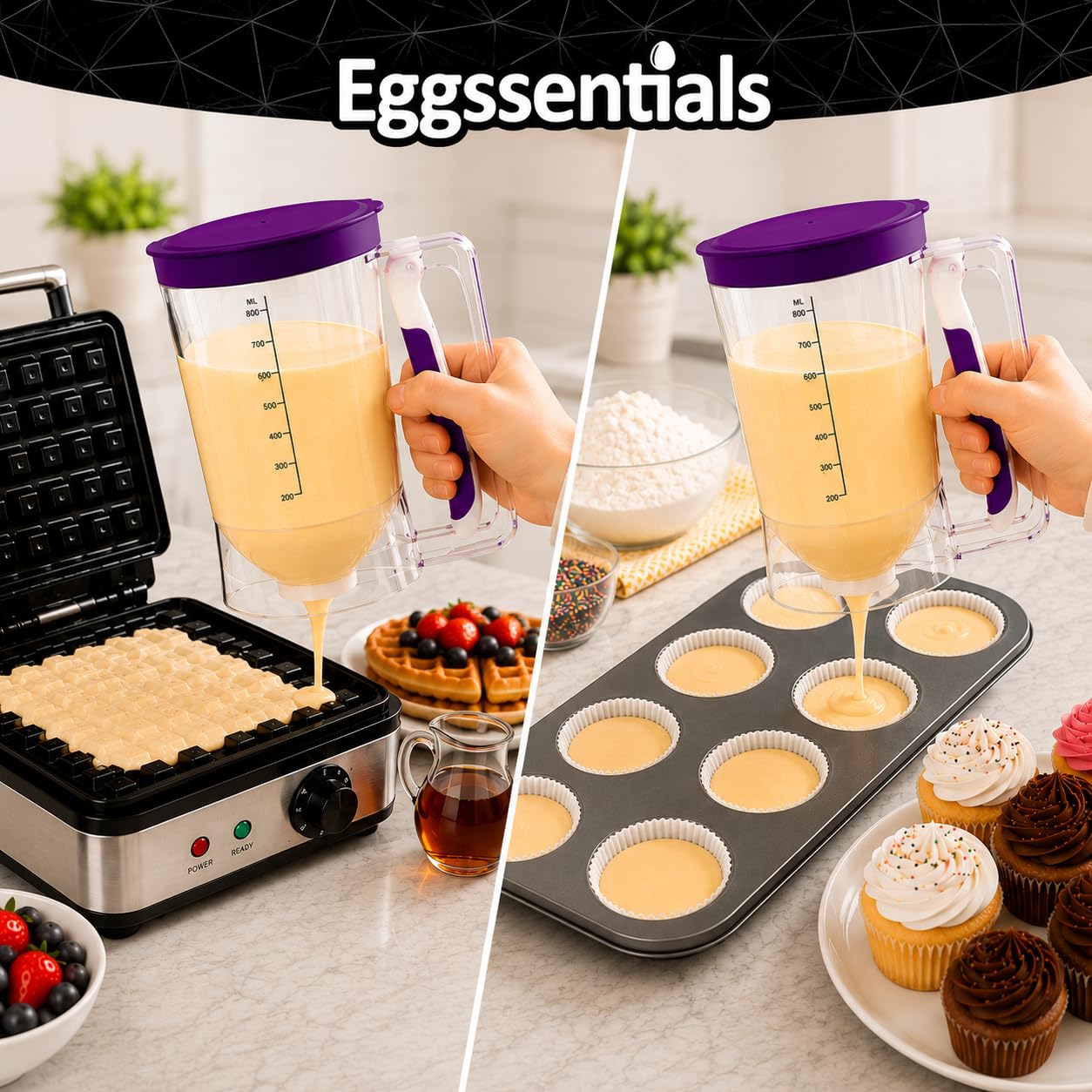 Eggssentials Dispensador de masa sin desorden, mango apretable, cupcakes, gofres y más. Botella dispensadora de panqueques duradera y fácil de verter para hornear suavemente