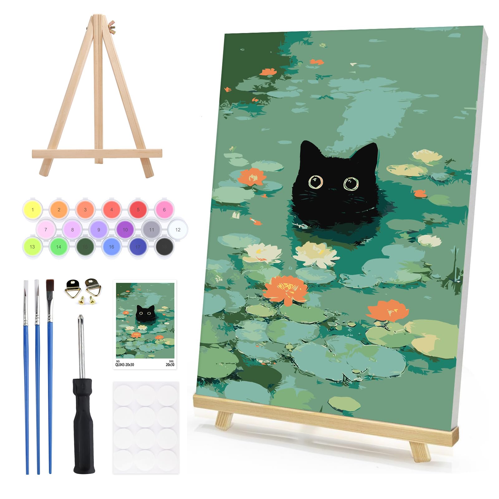 DAERLE Paint by Numbers for Adults Framed with Wooden Easel, Funny Black Cat, Paint by Number Kits with Brushes, Lily Pond Cat, Oil Painting Canvas Kits for Home Wall Decor 8X12 Inch