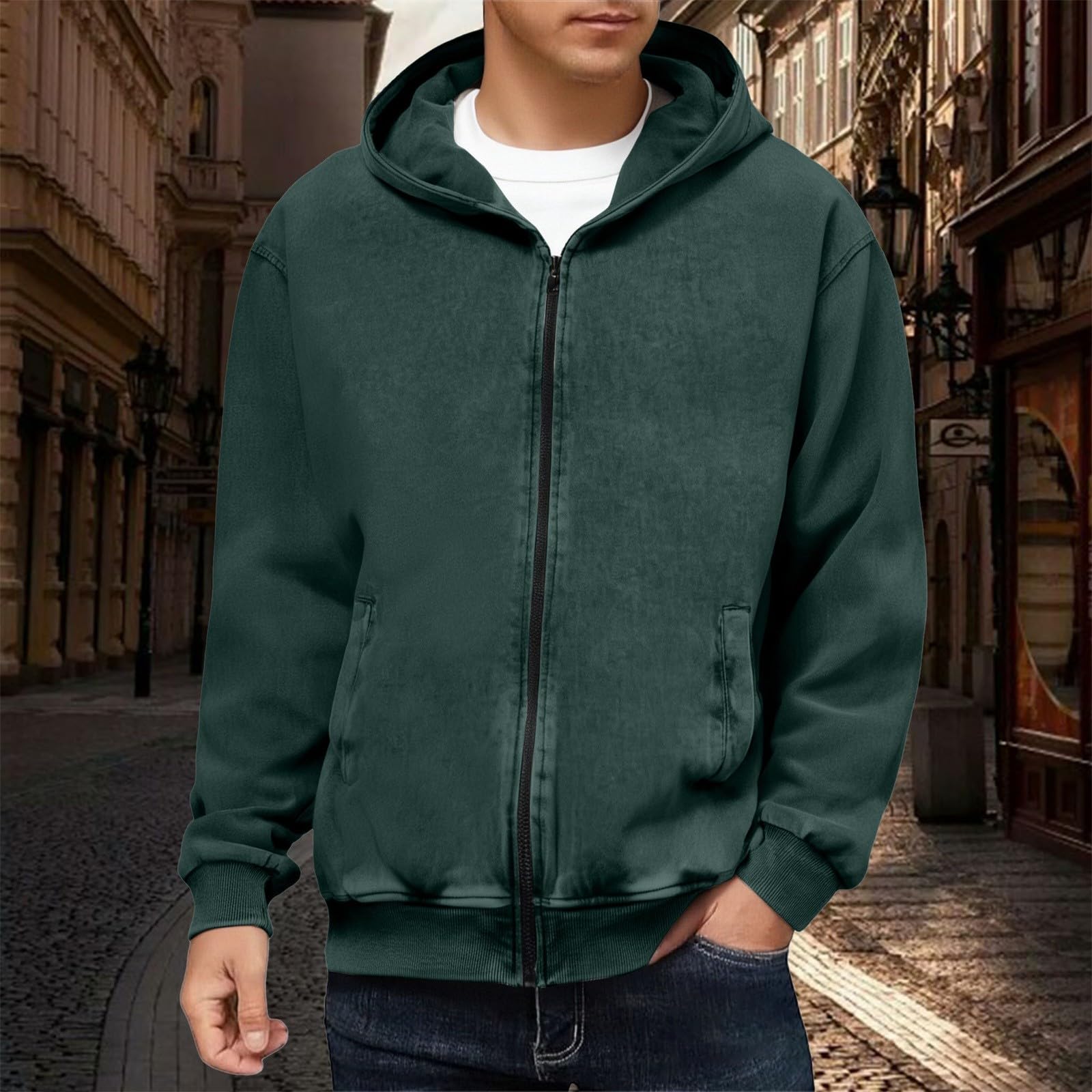 Zielone bluzy z kapturem dla dorosłych, ciepły pulower bluza z kapturem top polar długi rękaw topy praca i długie noszenie retro sprana bluza outdoorowa grube bluzy z kapturem
