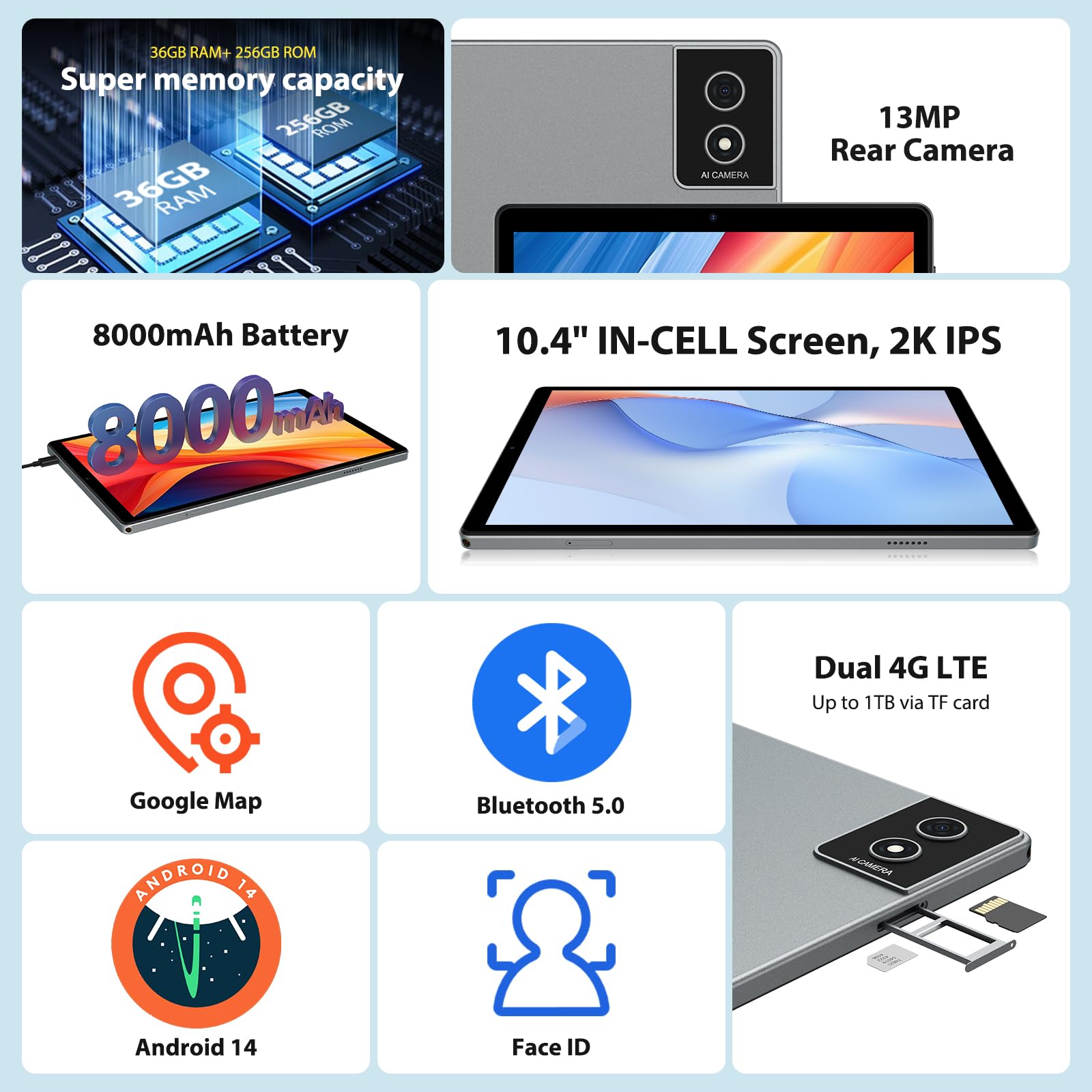 WOREGOO 2K Tablet 10.4 Pollici Android 14, 4G LTE+5G WiFi, 36GB RAM+256GB ROM(TF 1TB), Octa-Core 2.0Ghz, 2000 * 1200/Face ID/8000mAh/OTG/8MP+13MP/BT5.0/GPS/GMS, Tablet con Tastiera e Mouse, Grigio